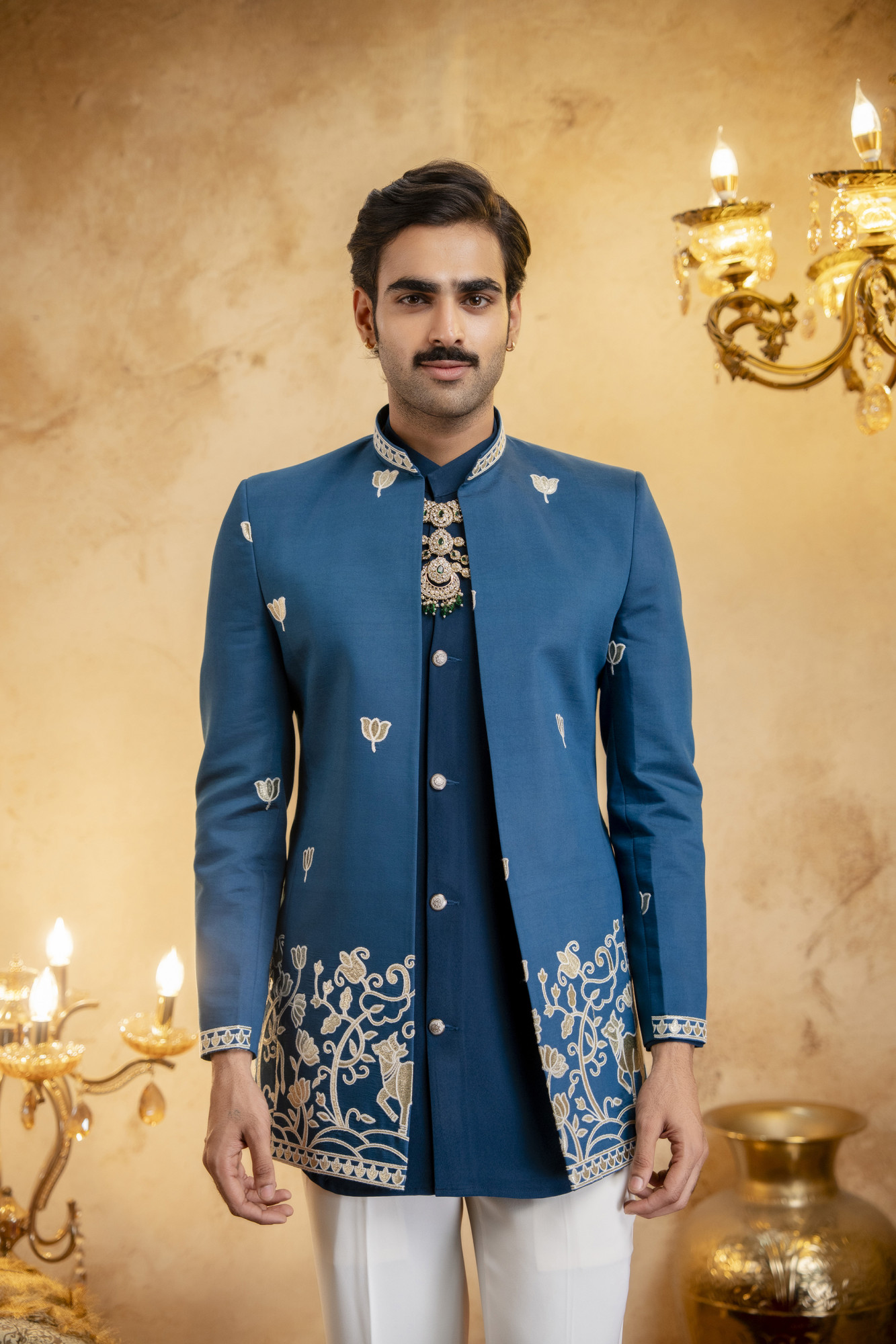 Foil Embroidered Open Bandhgala In Teal Blue