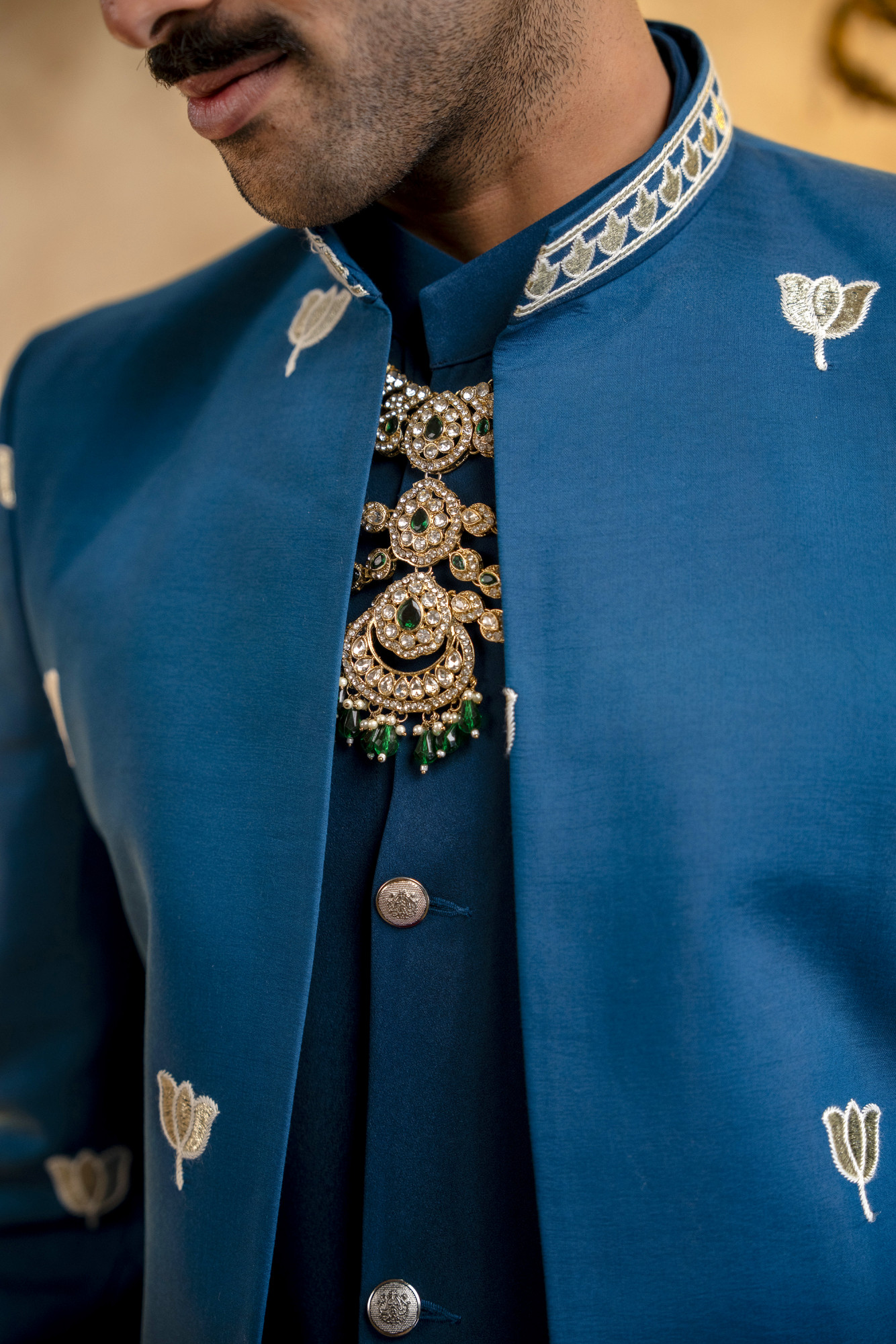 Foil Embroidered Open Bandhgala In Teal Blue