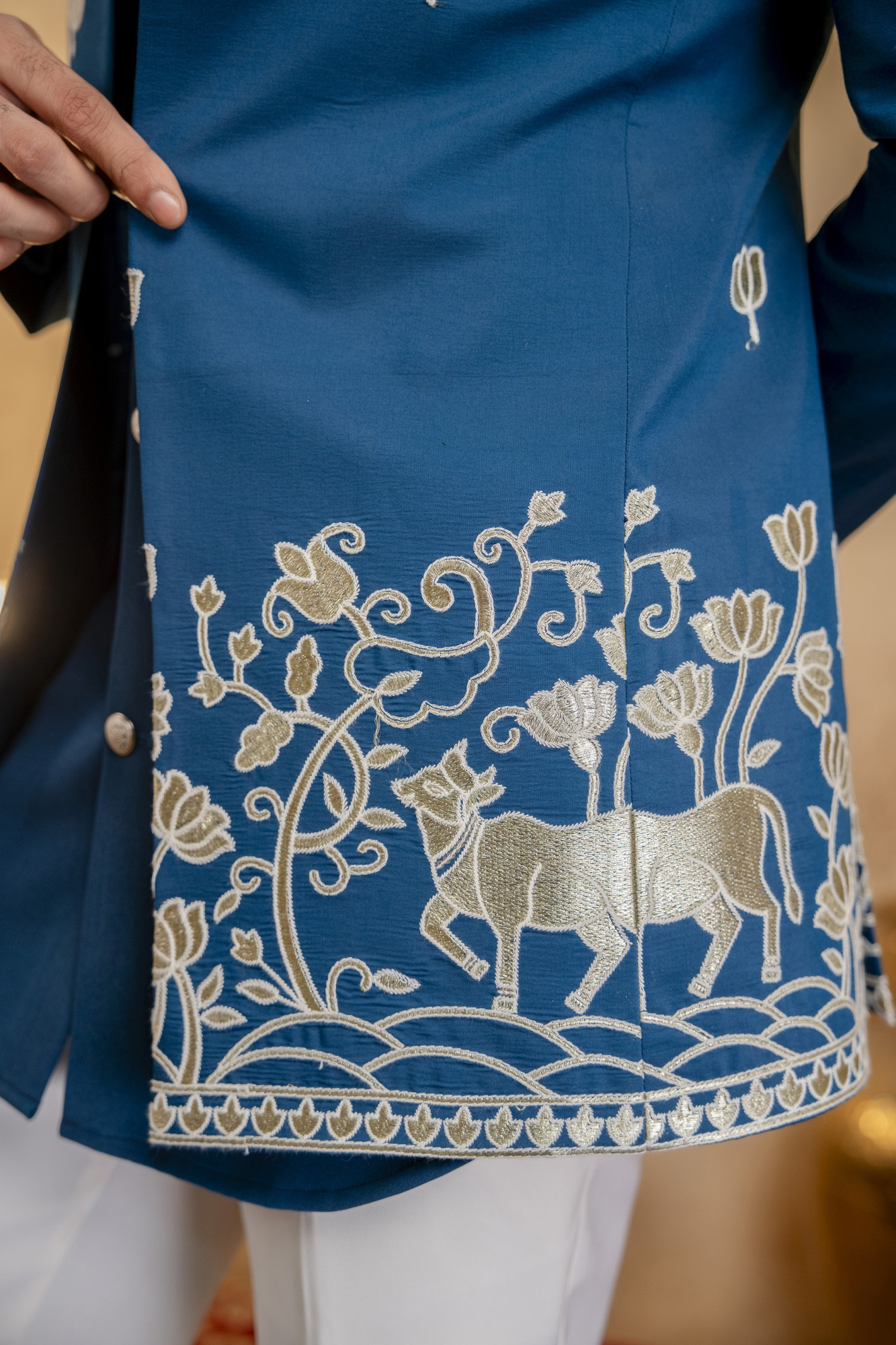 Foil Embroidered Open Bandhgala In Teal Blue