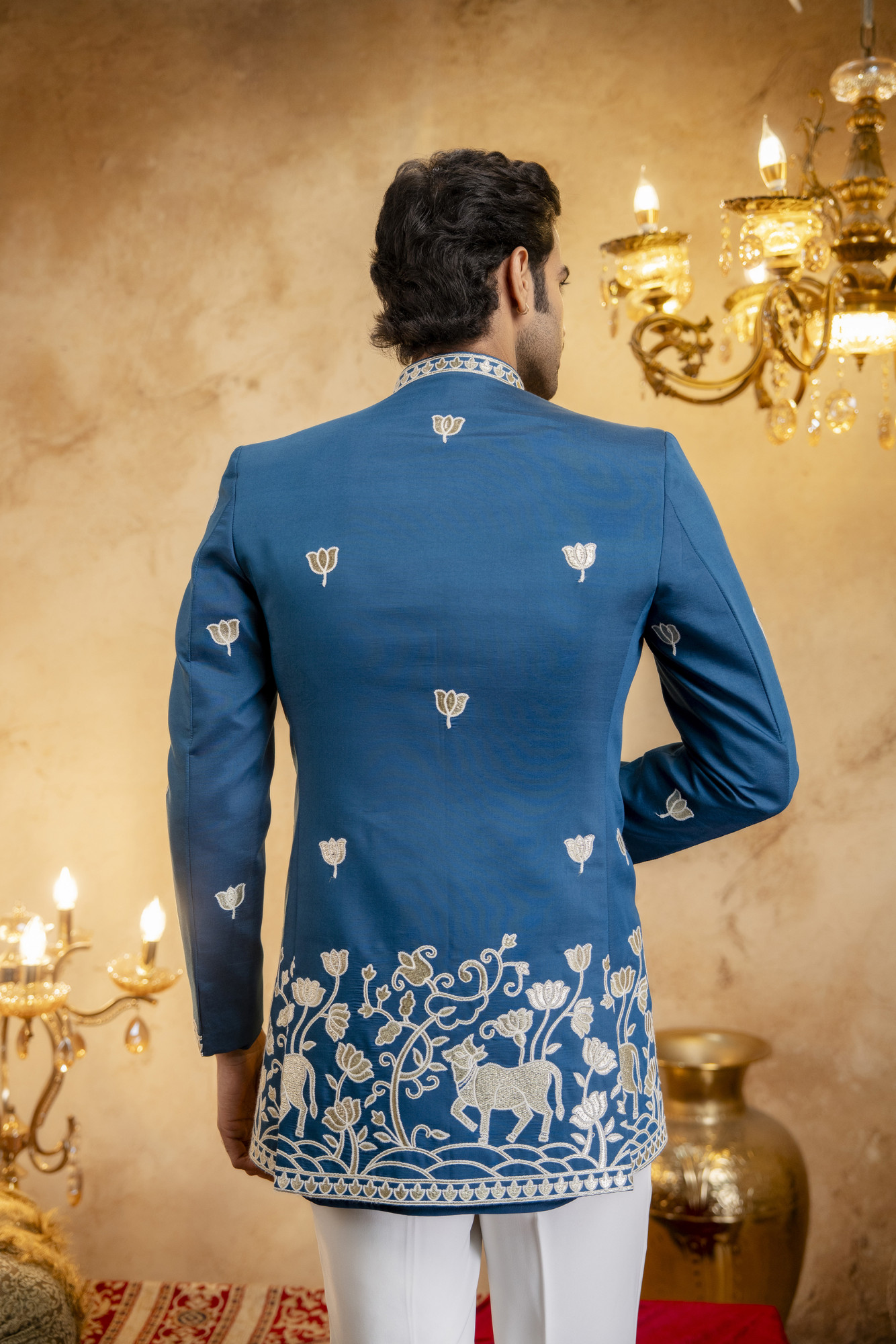Foil Embroidered Open Bandhgala In Teal Blue