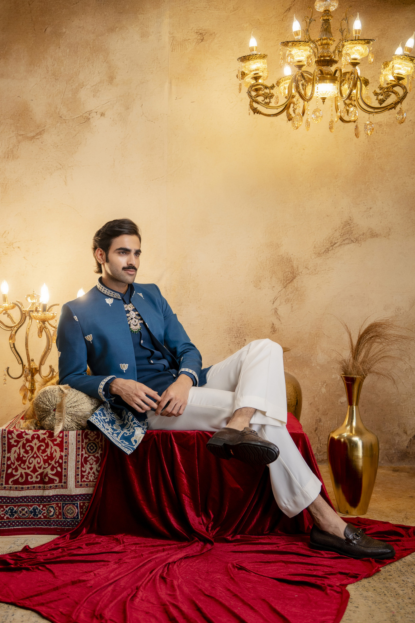 Foil Embroidered Open Bandhgala In Teal Blue