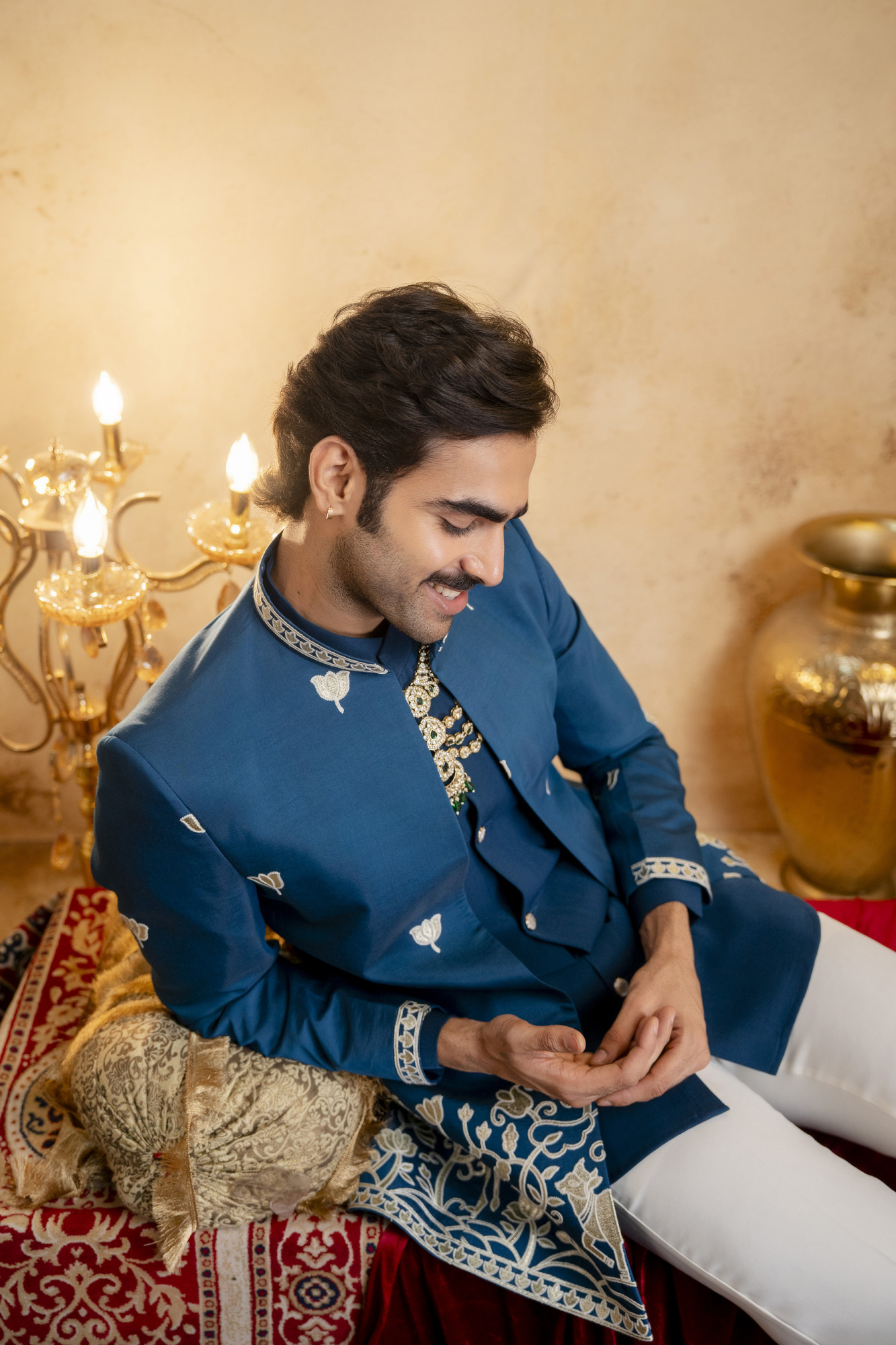 Foil Embroidered Open Bandhgala In Teal Blue
