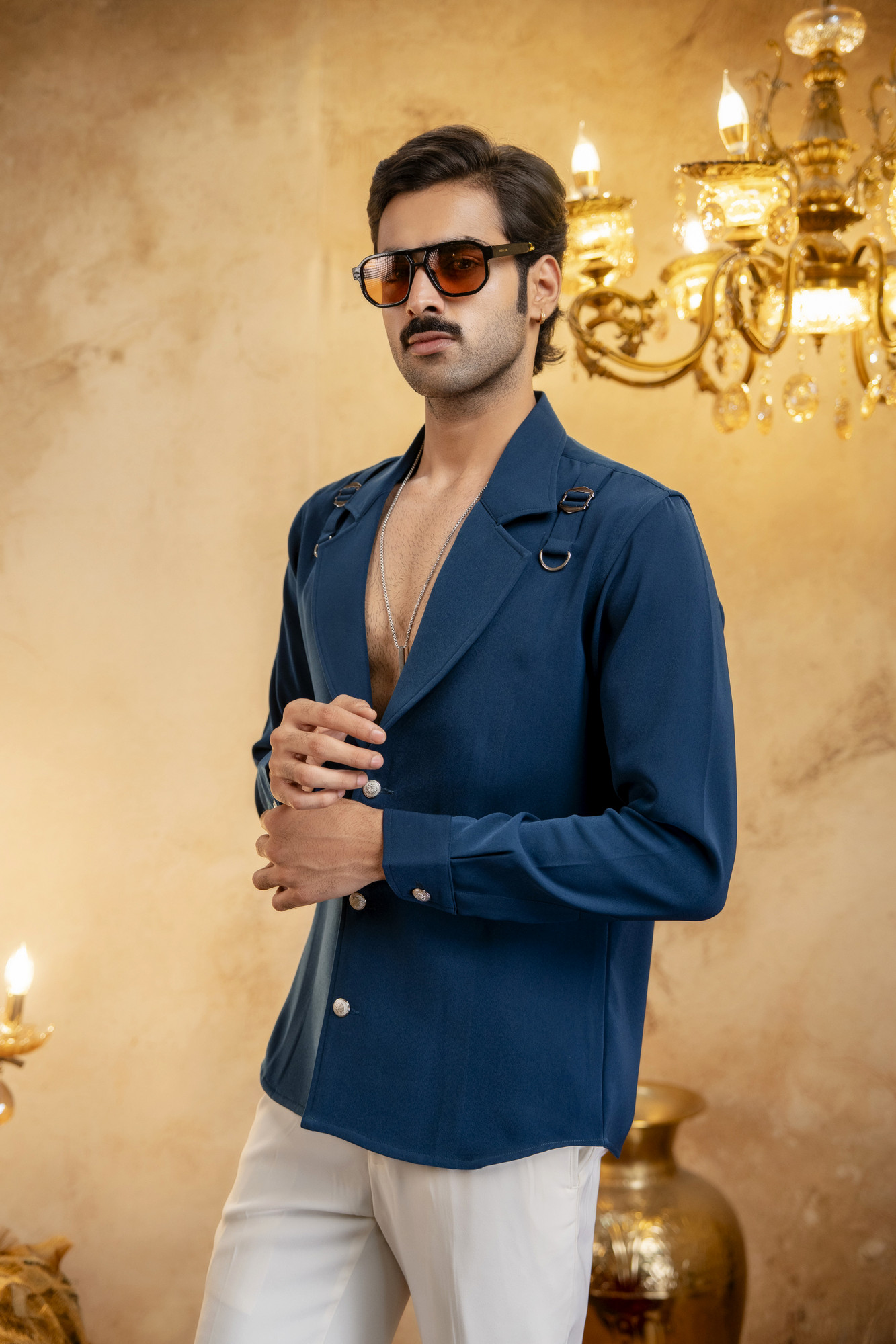 Deep Neck Blazer Shirt In Teal