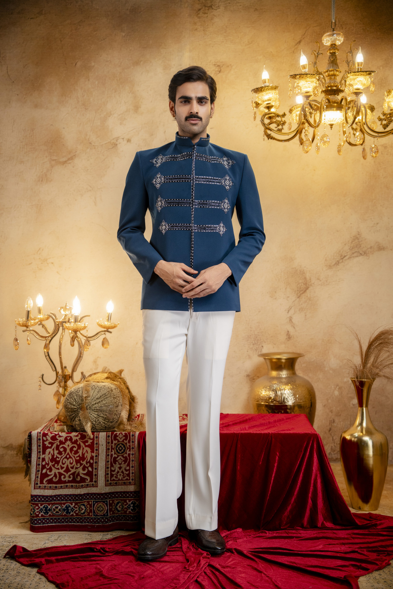 Stone Embroidered Jodhpuri In Teal