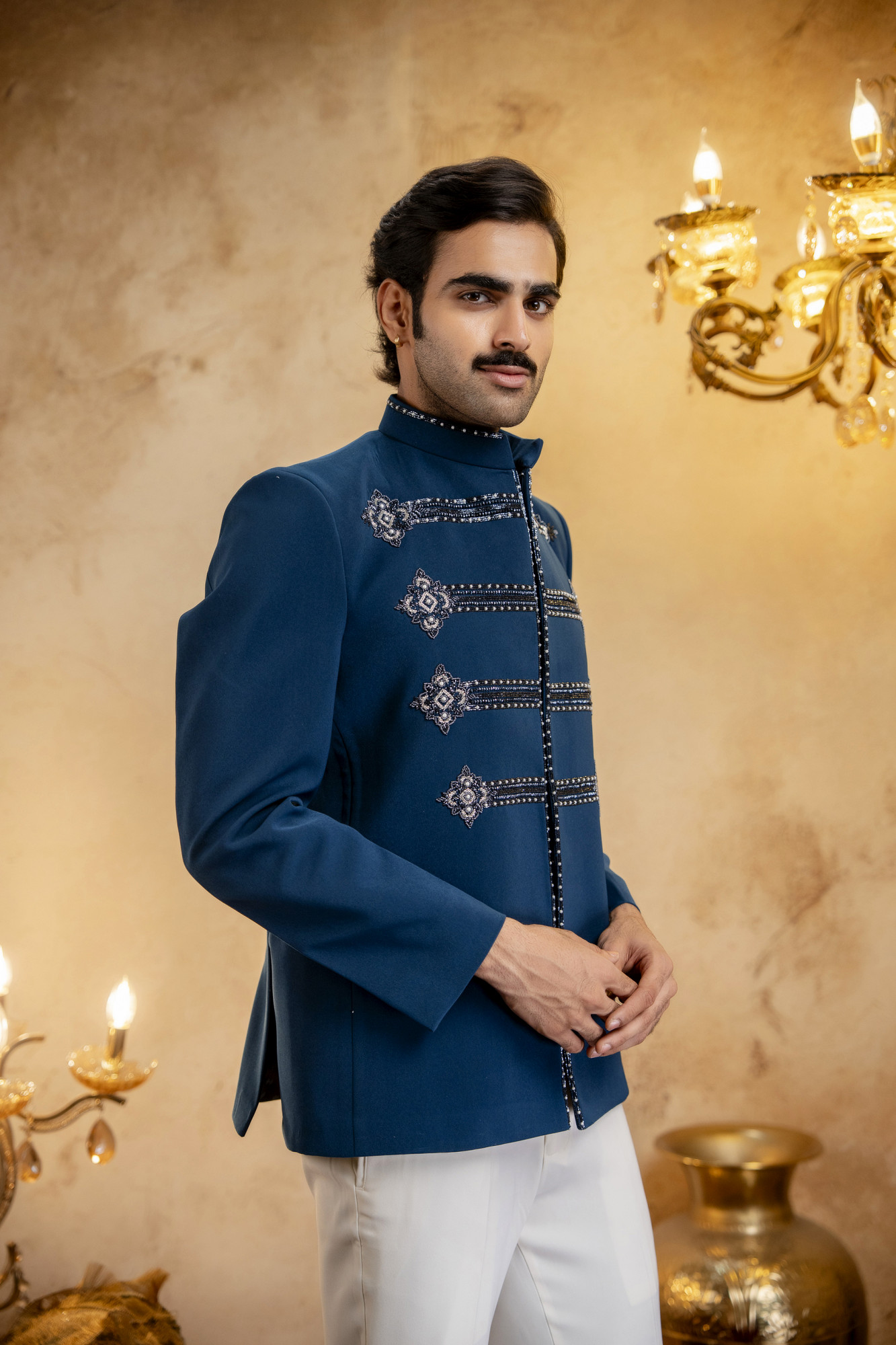 Stone Embroidered Jodhpuri In Teal