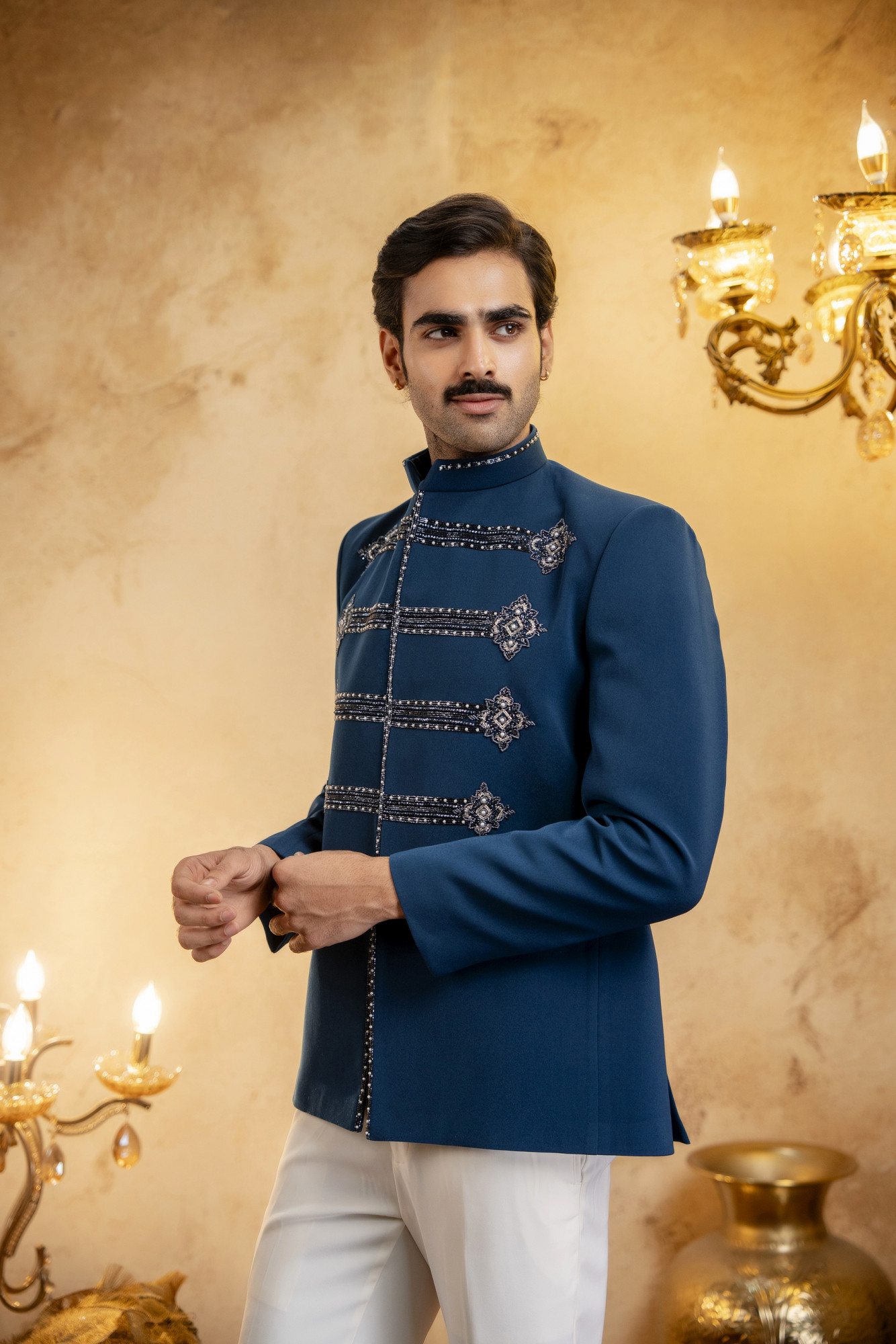 Stone Embroidered Jodhpuri In Teal
