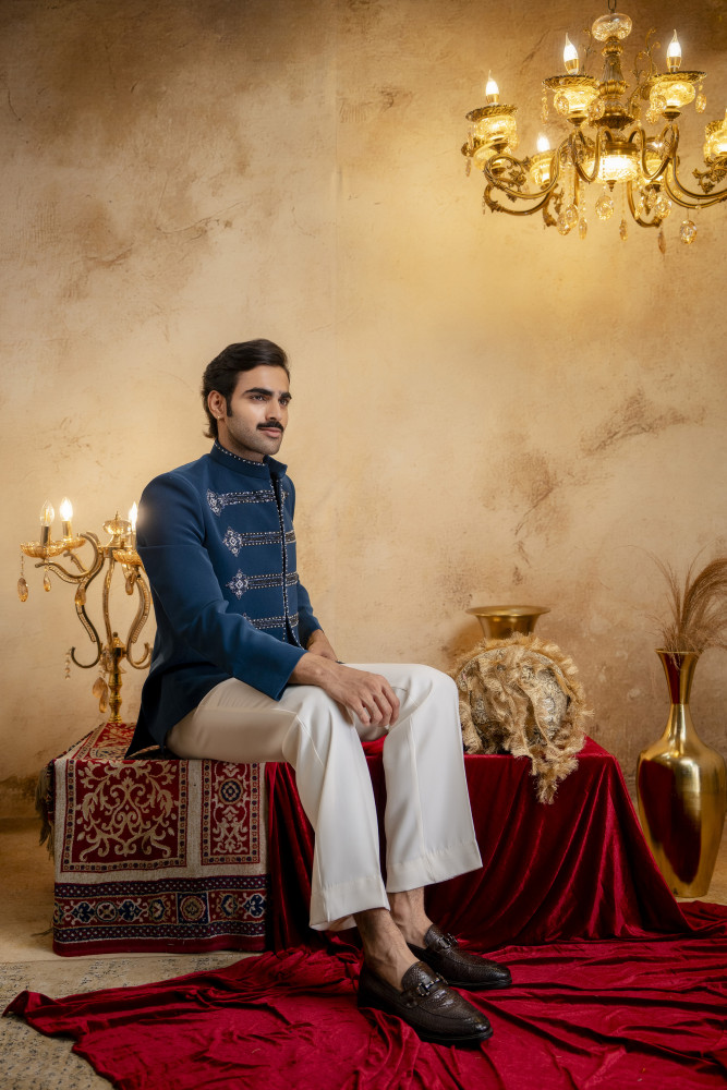 Image of Stone Embroidered Jodhpuri In Teal