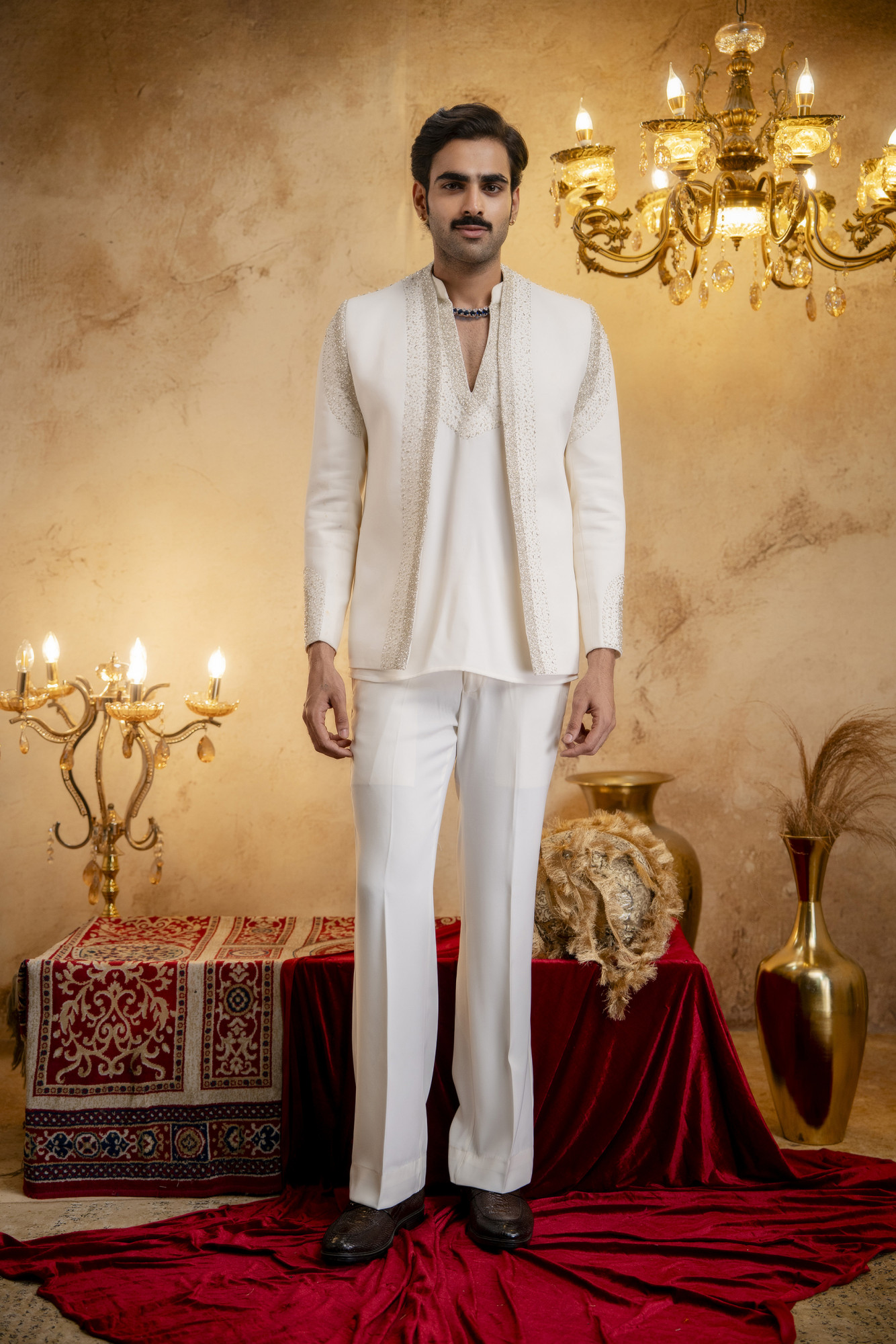 Stone Emboidered Bandhgala Jacket Kuta Set In Off-White