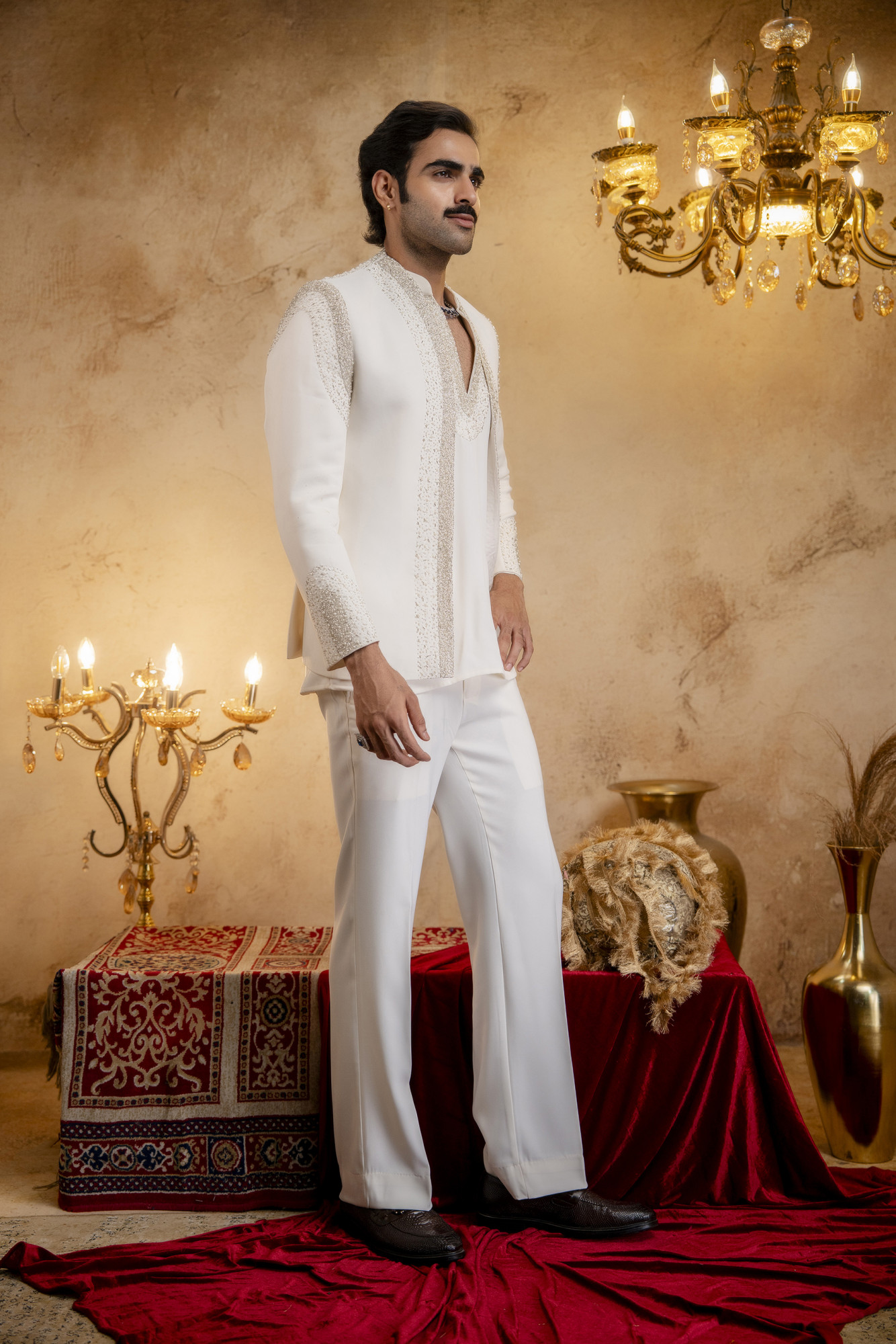 Stone Emboidered Bandhgala Jacket Kuta Set In Off-White