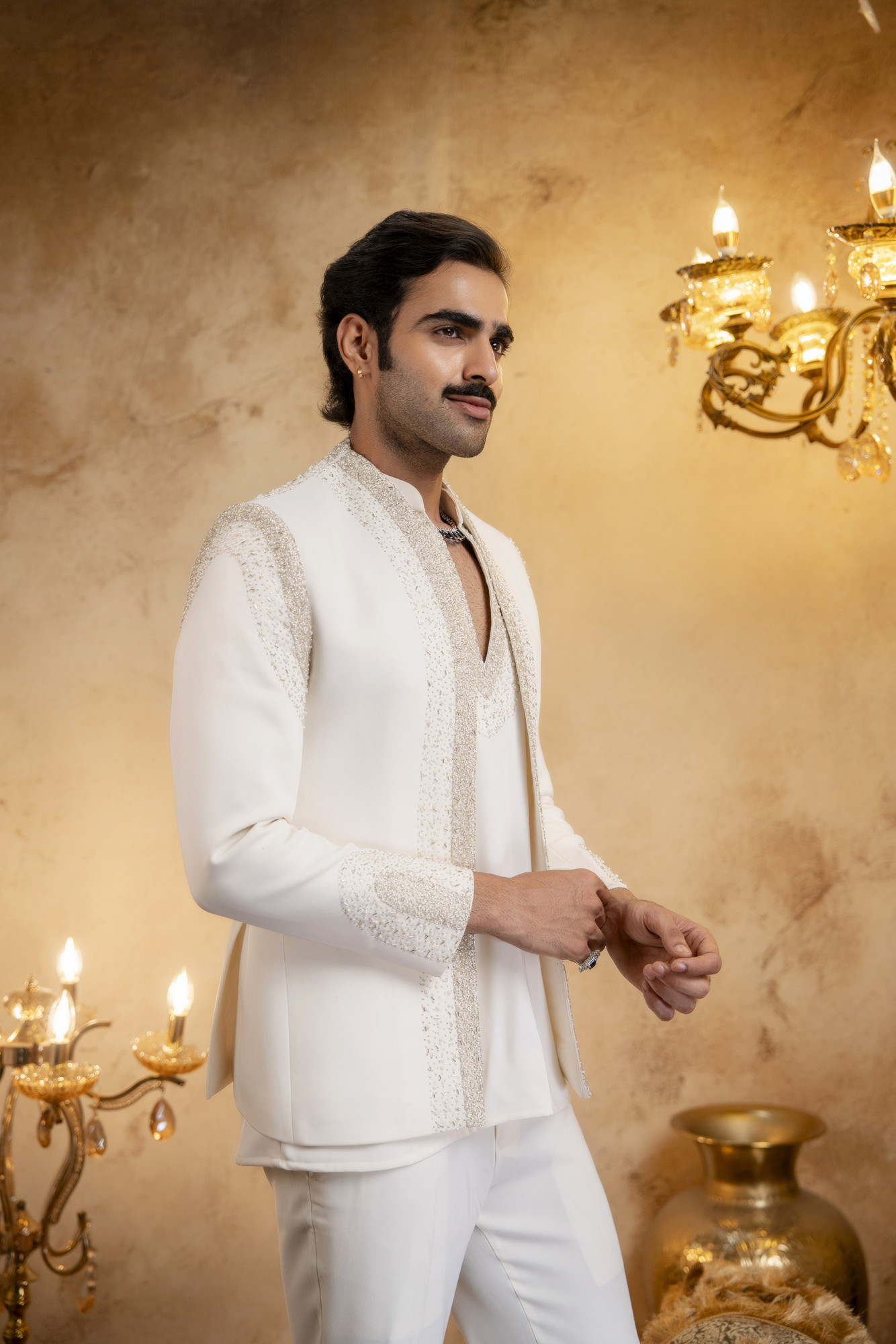 Stone Emboidered Bandhgala Jacket Kuta Set In Off-White