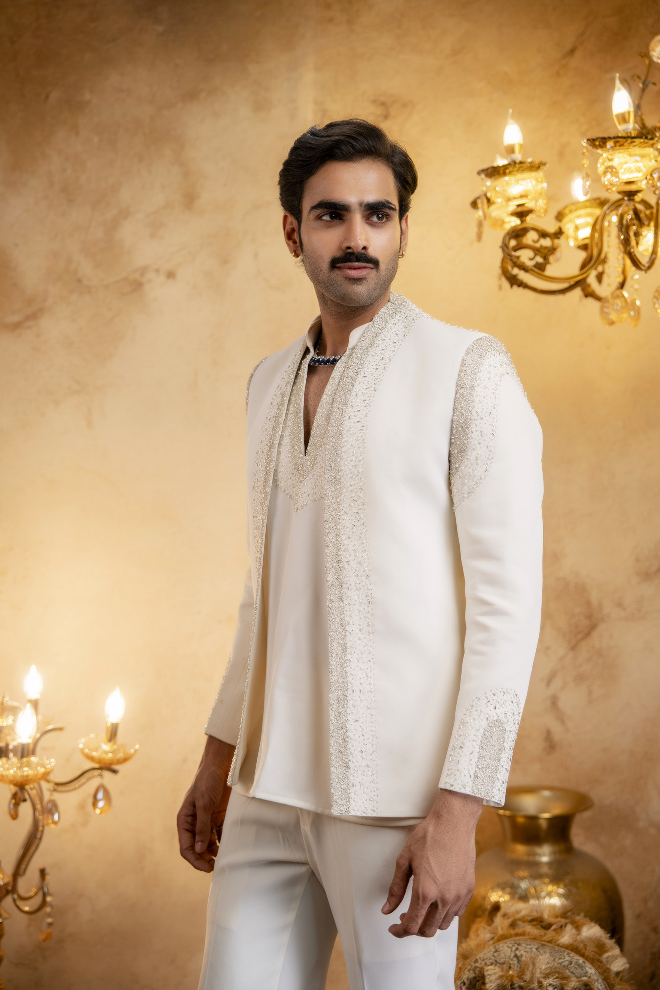 Stone Emboidered Bandhgala Jacket Kuta Set In Off-White