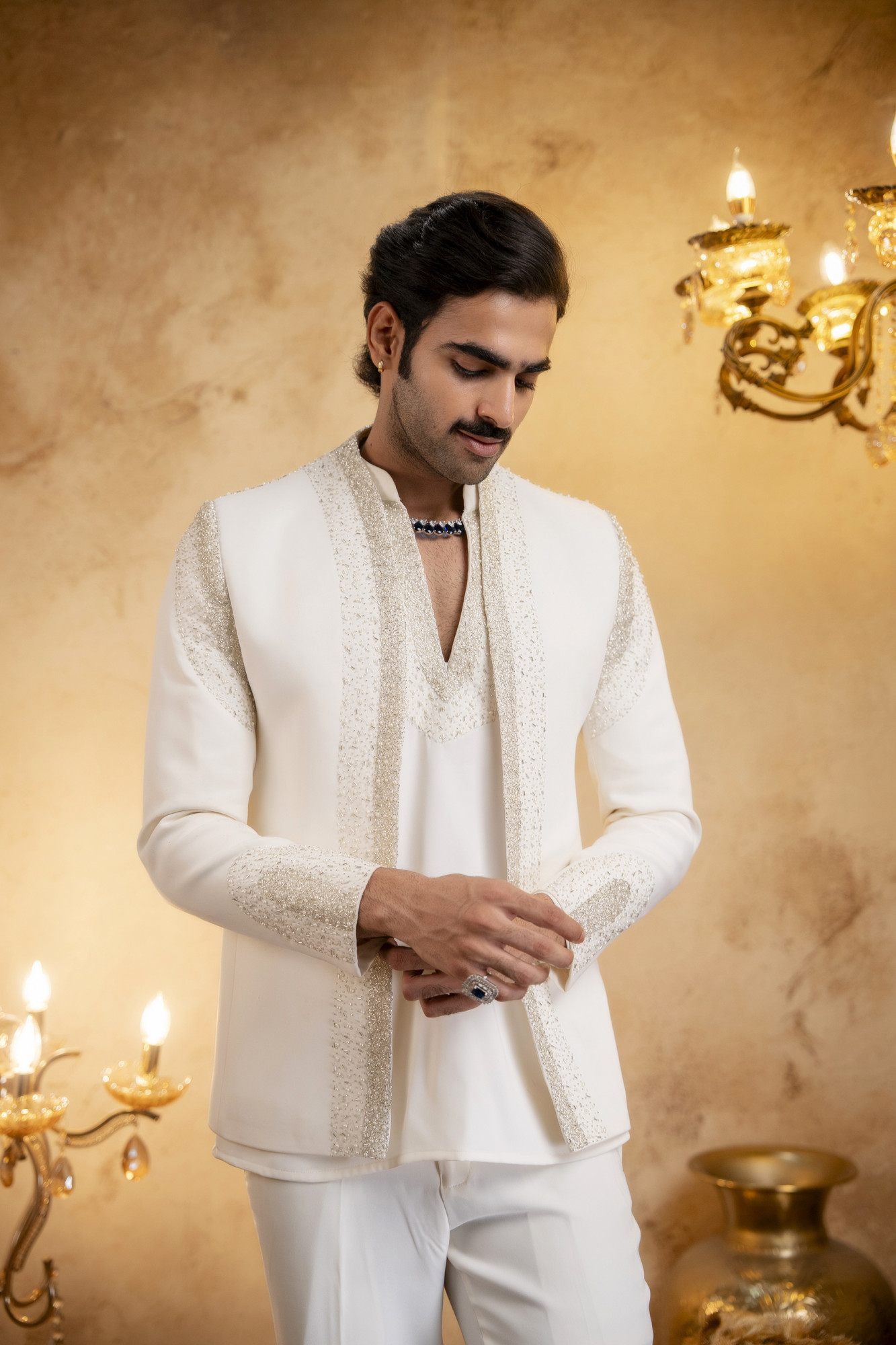 Stone Emboidered Bandhgala Jacket Kuta Set In Off-White