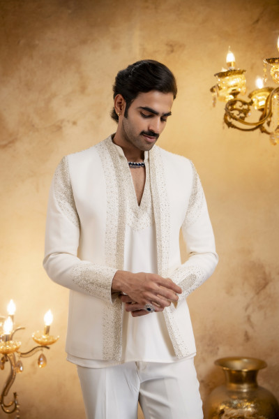 Stone Emboidered Bandhgala Jacket Kuta Set In Off-White