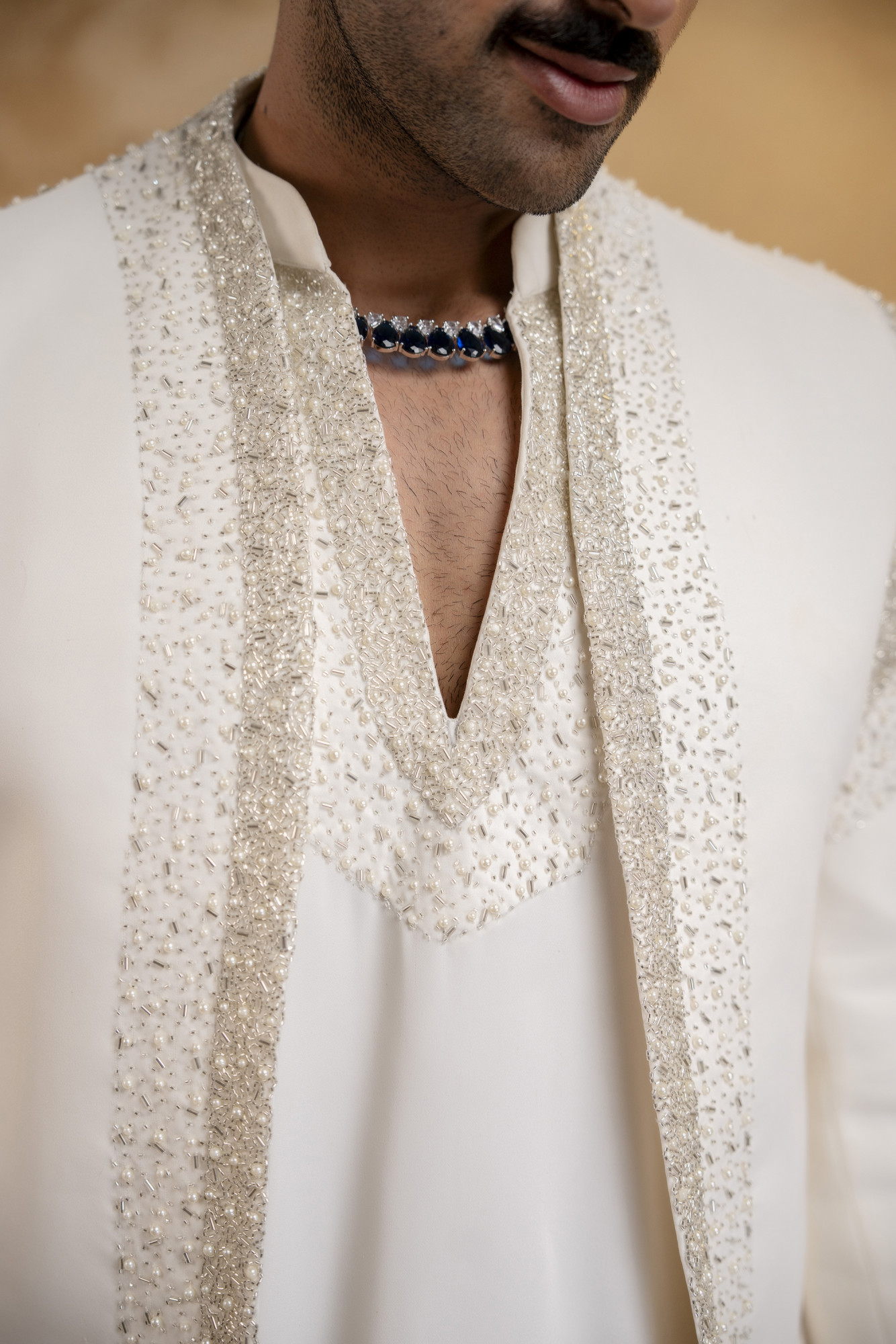 Stone Emboidered Bandhgala Jacket Kuta Set In Off-White