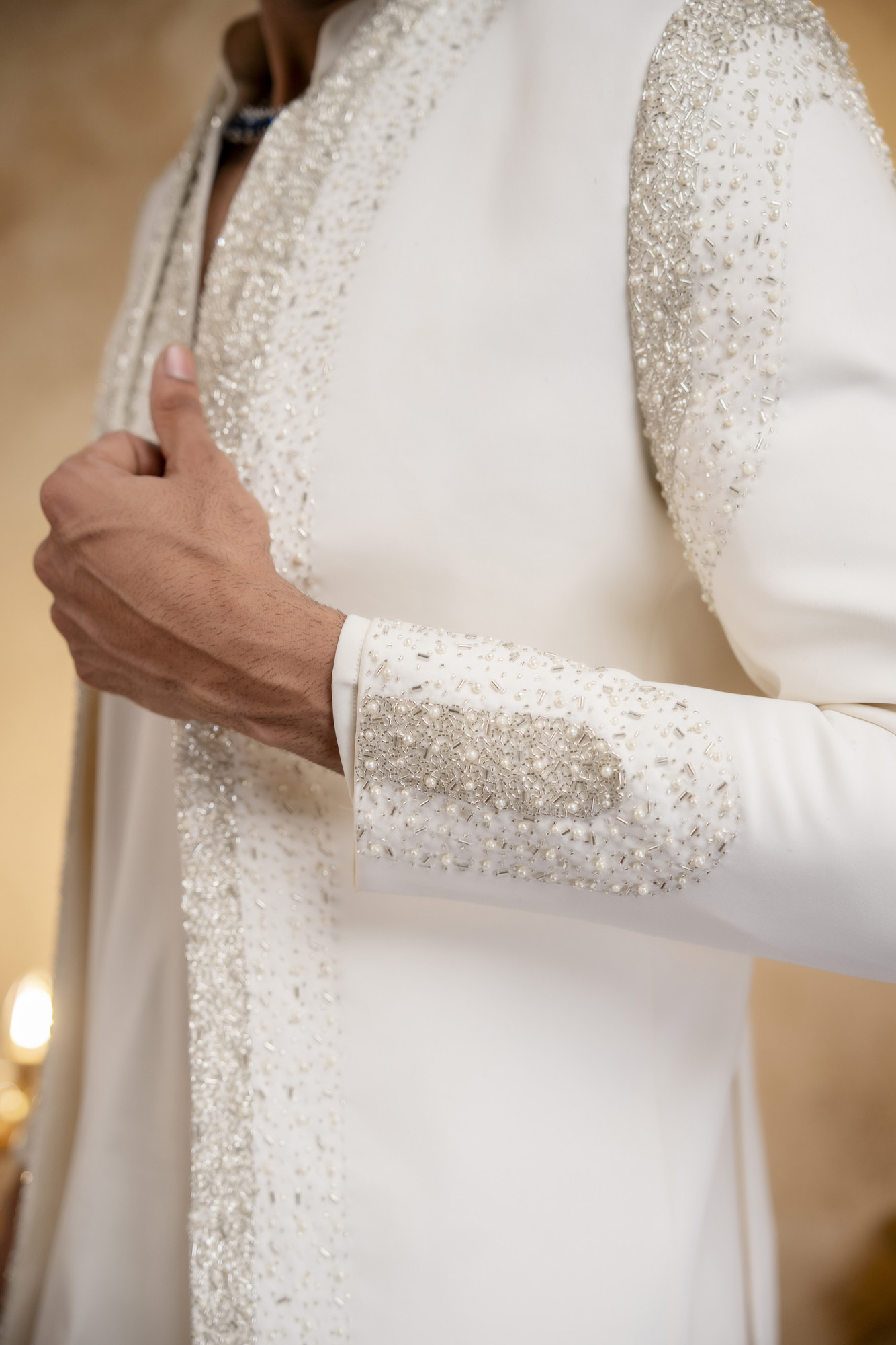 Stone Emboidered Bandhgala Jacket Kuta Set In Off-White