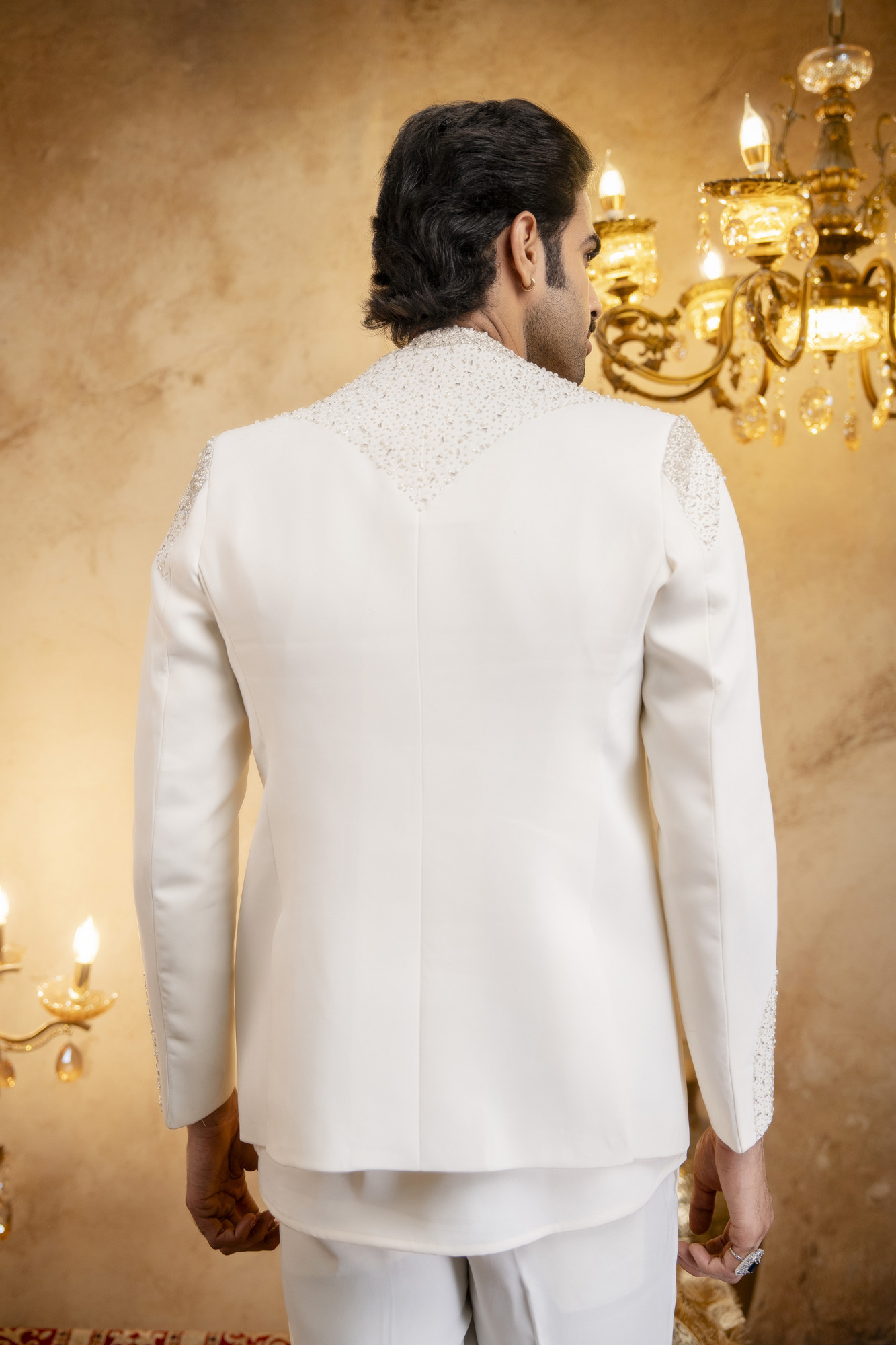 Stone Emboidered Bandhgala Jacket Kuta Set In Off-White