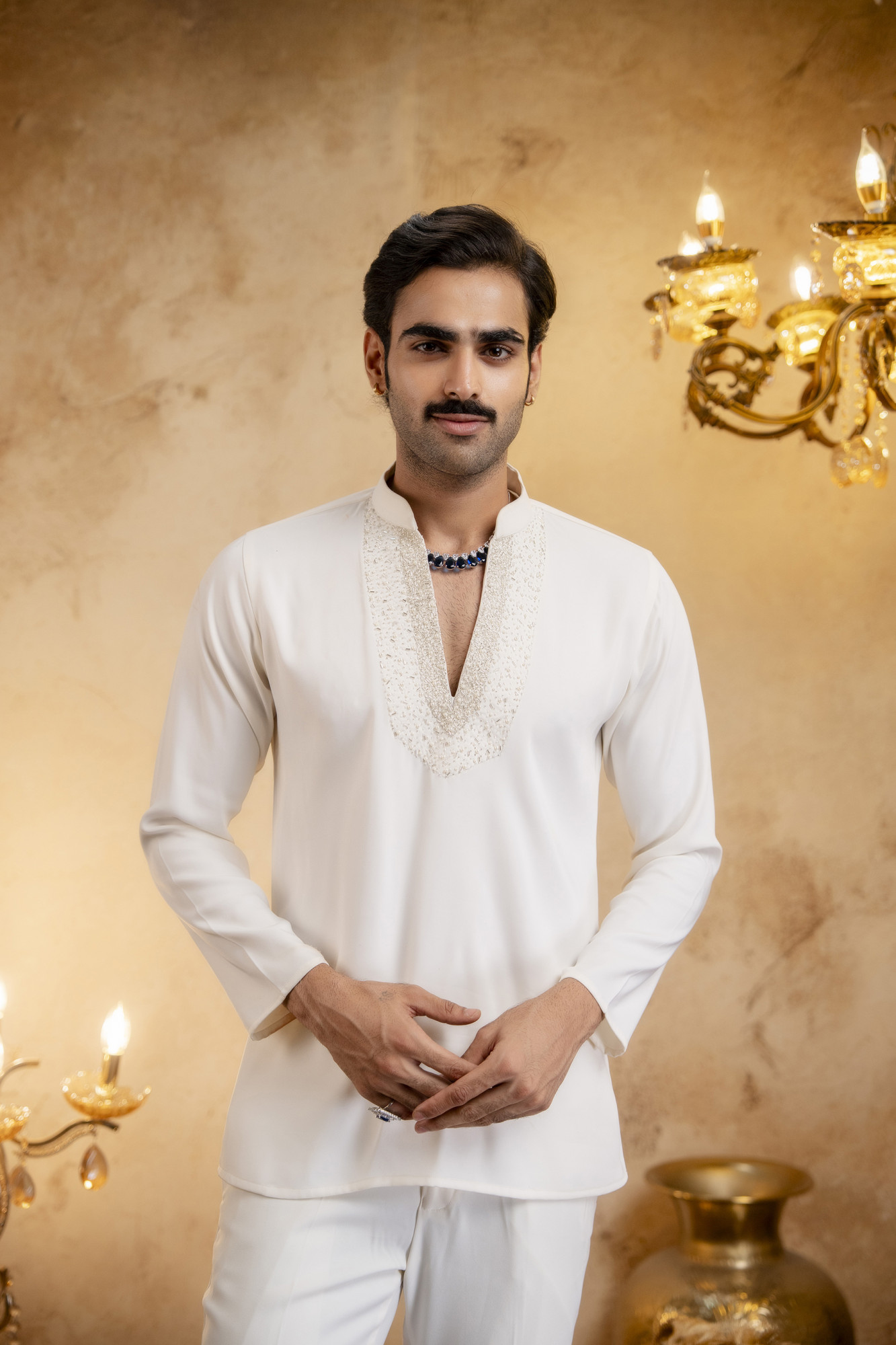 Stone Emboidered Bandhgala Jacket Kuta Set In Off-White