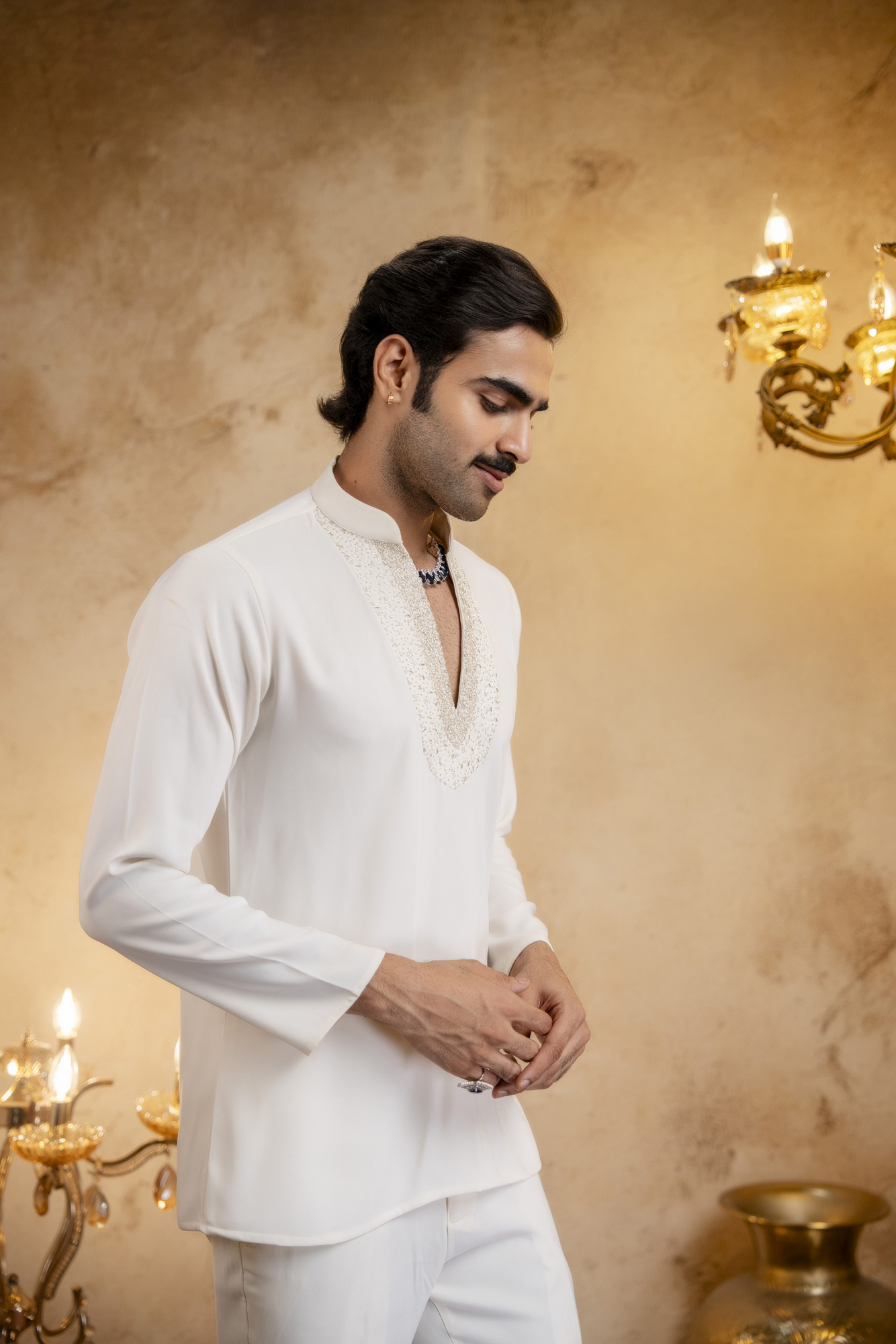 Stone Emboidered Bandhgala Jacket Kuta Set In Off-White