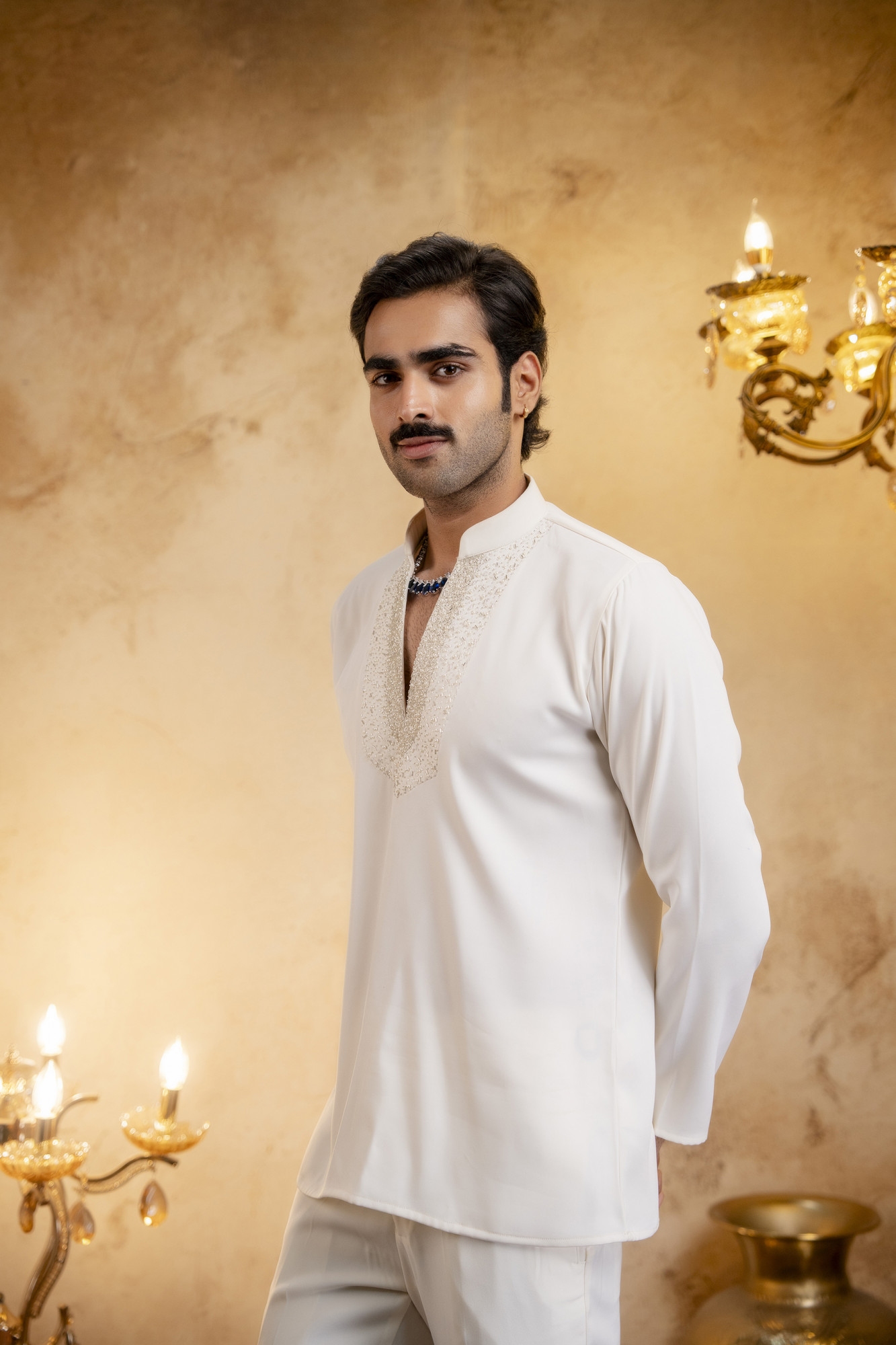 Stone Emboidered Bandhgala Jacket Kuta Set In Off-White