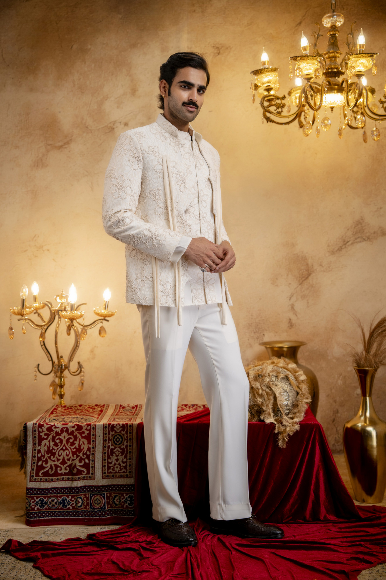 3D Embroidered Open Bandhgala Set In Off-White