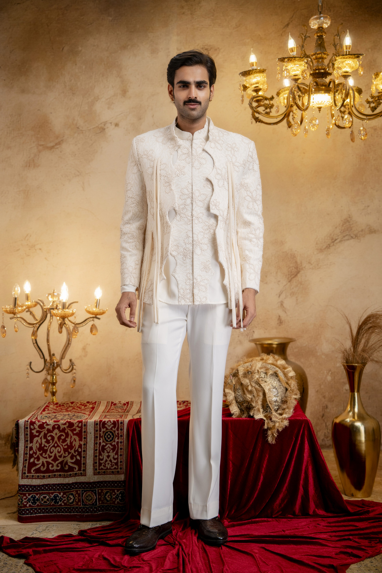 3D Embroidered Open Bandhgala Set In Off-White