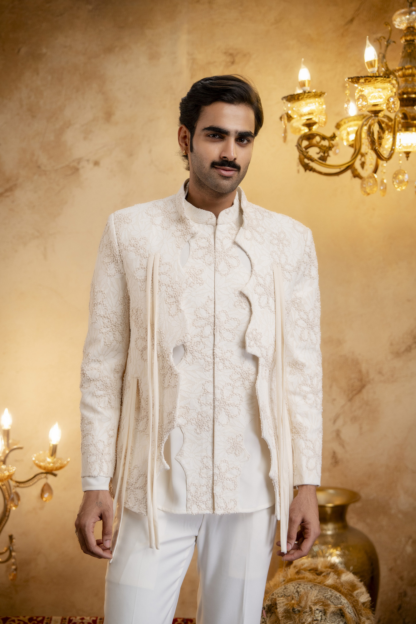 3D Embroidered Open Bandhgala Set In Off-White