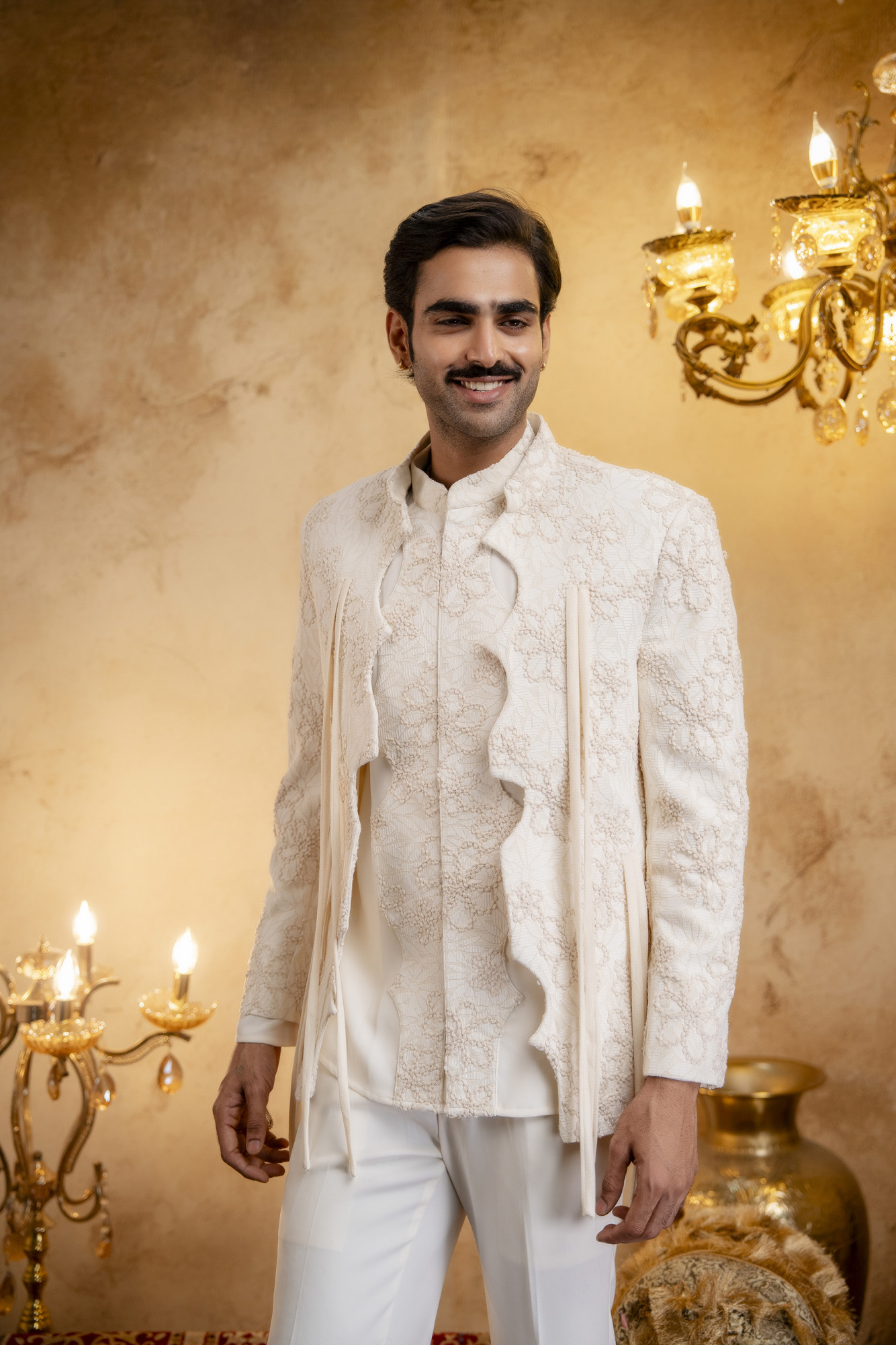 3D Embroidered Open Bandhgala Set In Off-White