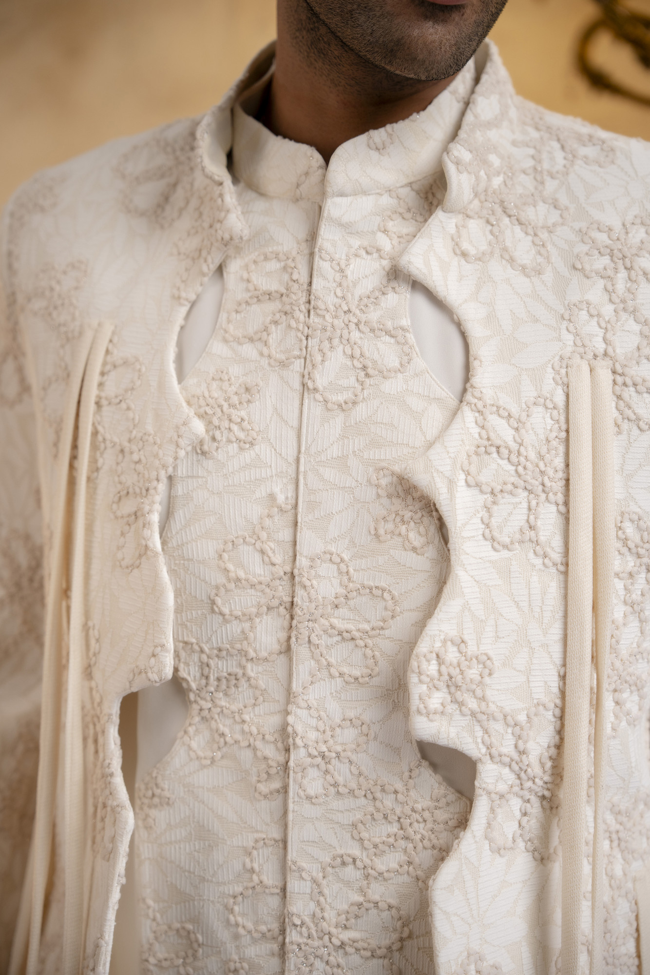 3D Embroidered Open Bandhgala Set In Off-White