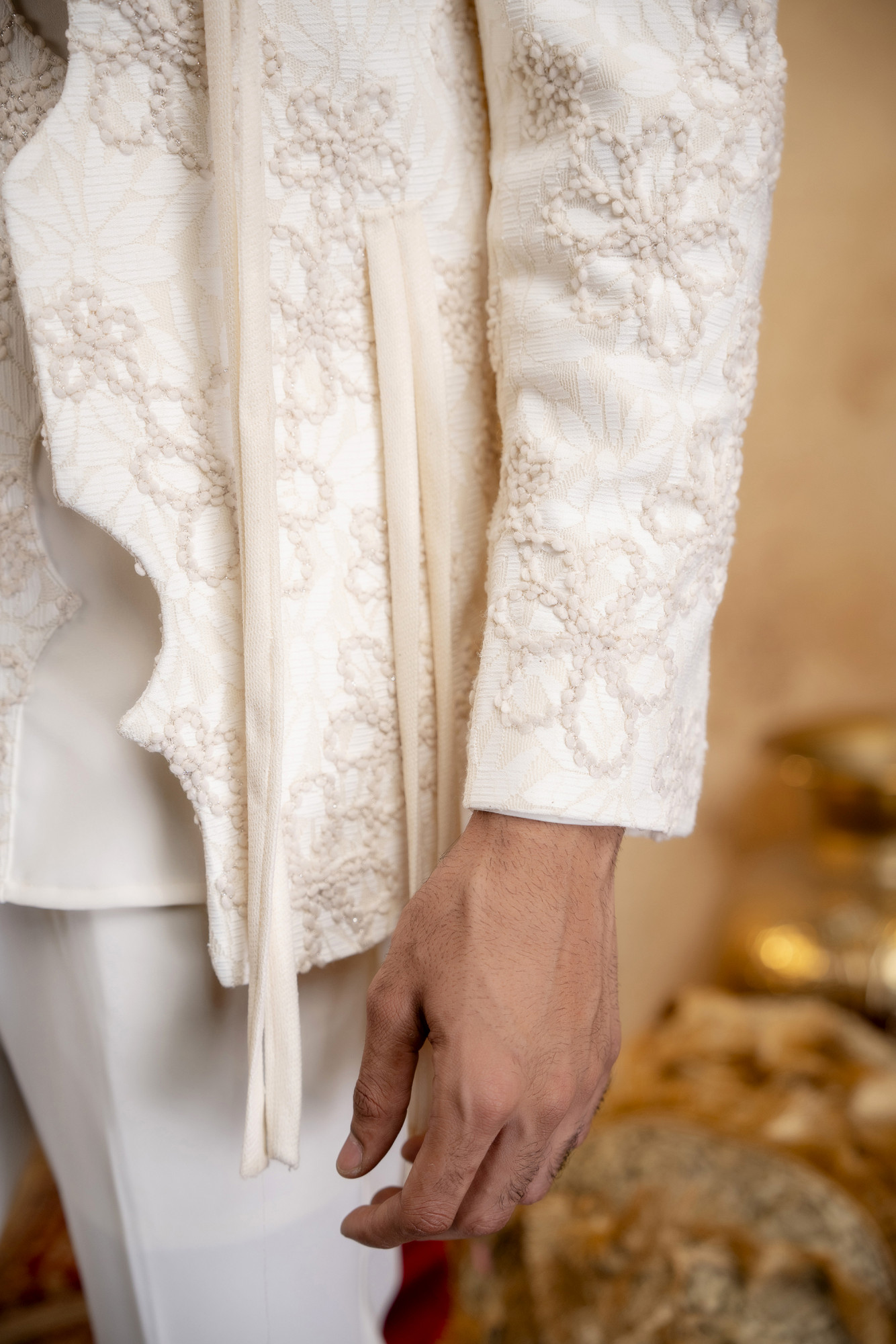 3D Embroidered Open Bandhgala Set In Off-White