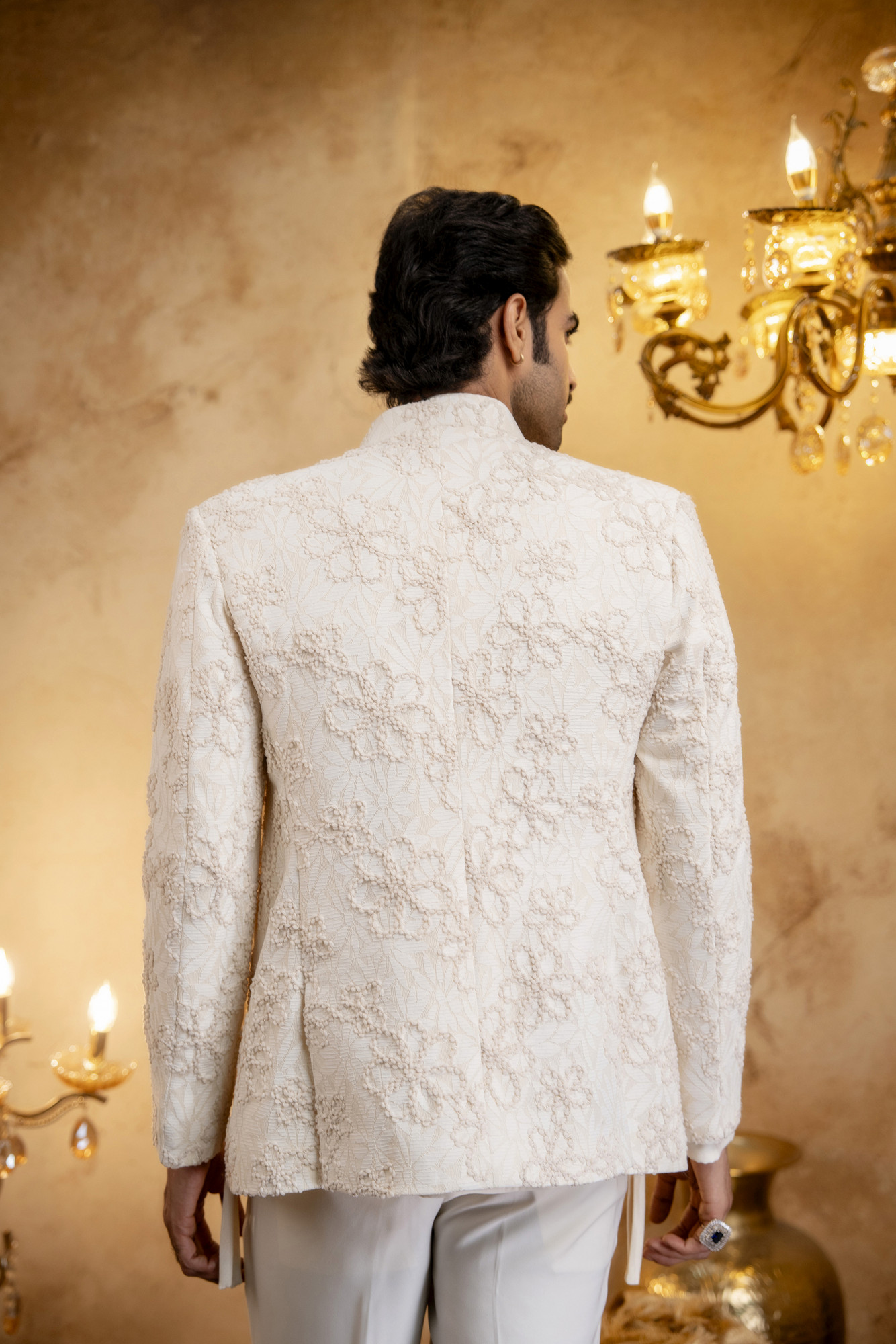 3D Embroidered Open Bandhgala Set In Off-White