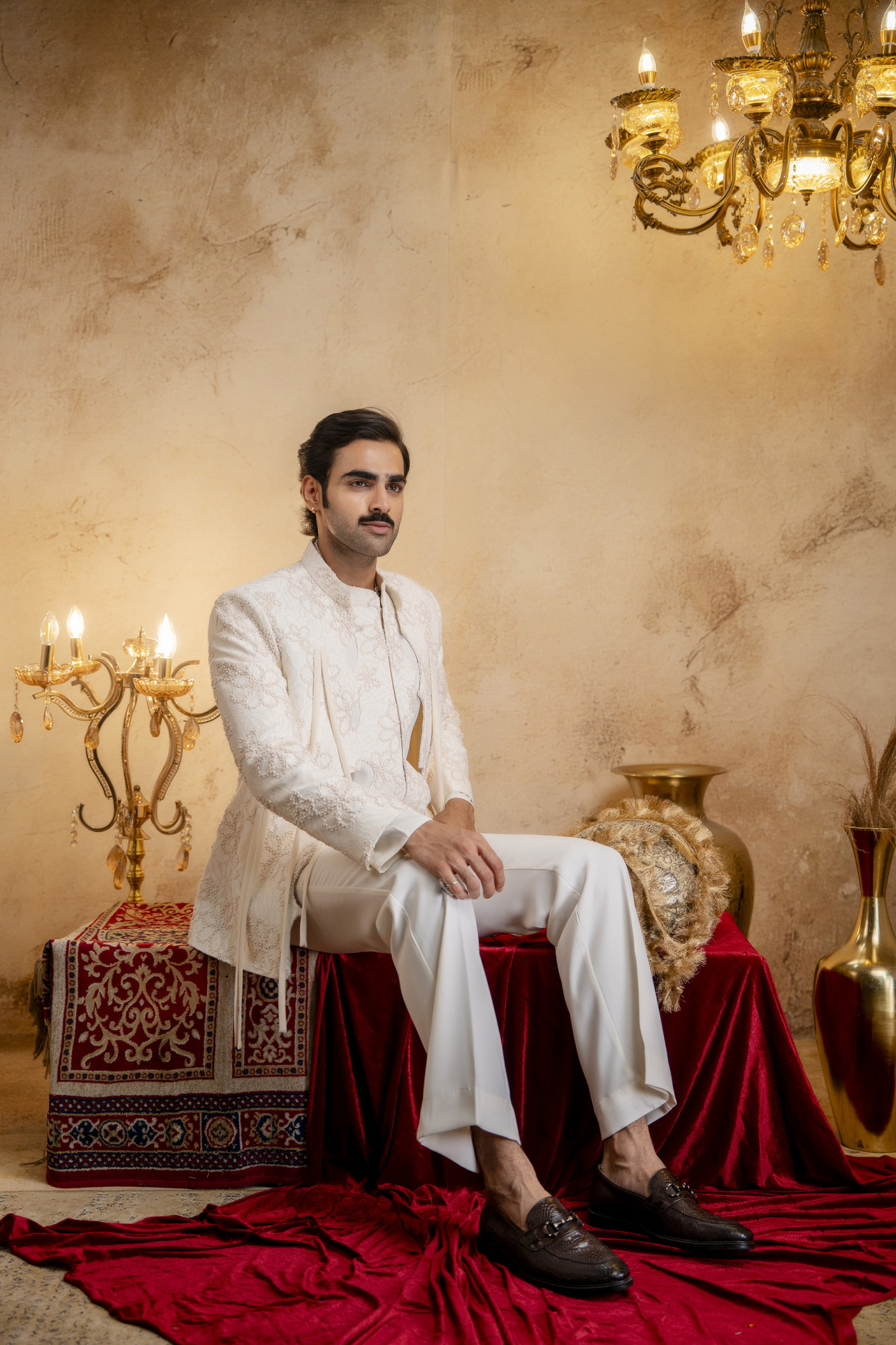 3D Embroidered Open Bandhgala Set In Off-White
