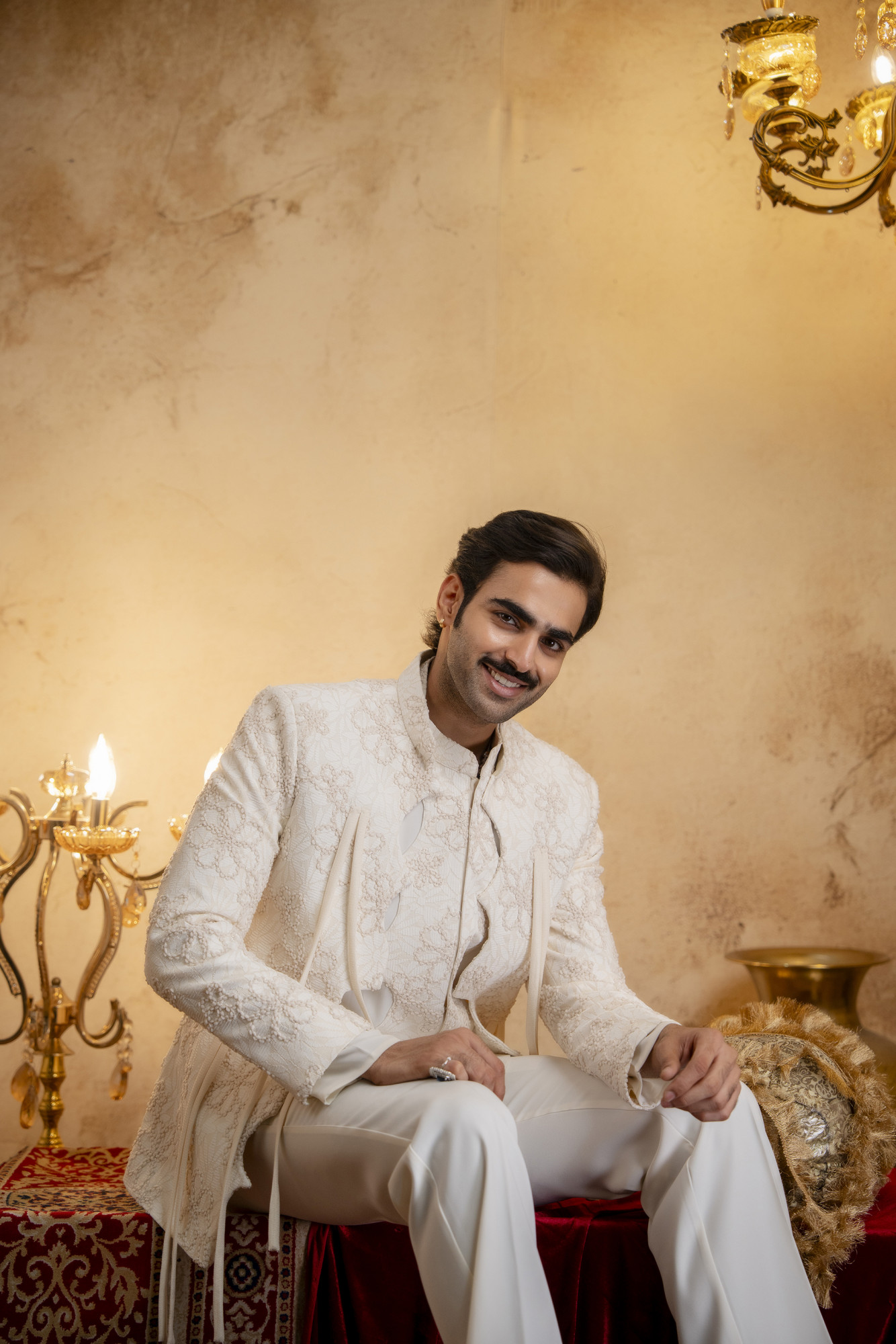 3D Embroidered Open Bandhgala Set In Off-White