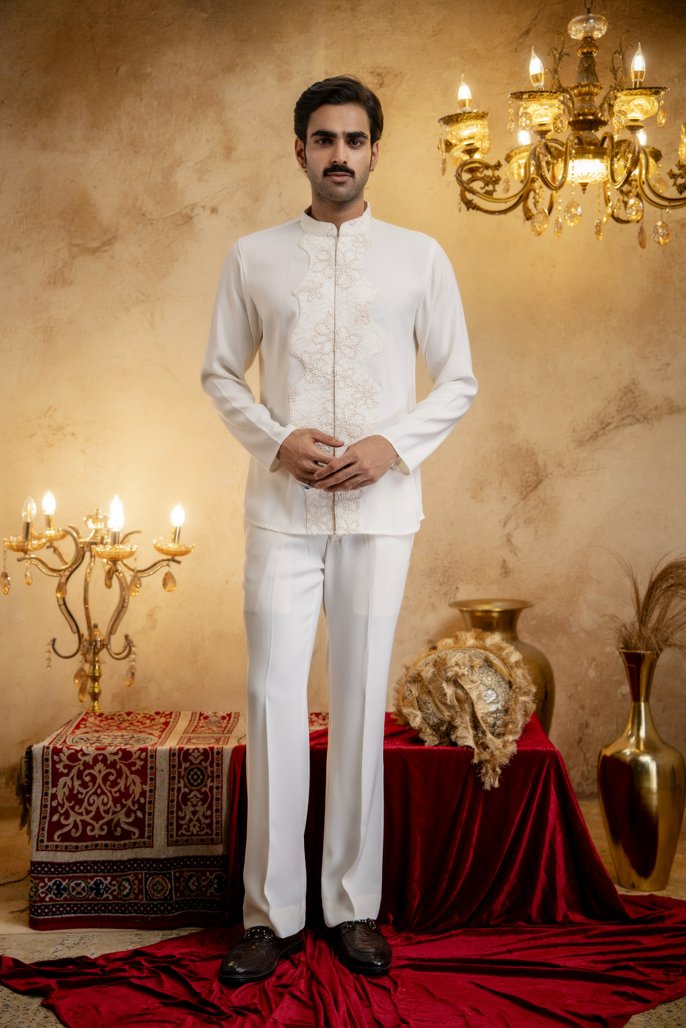 3D Embroidered Open Bandhgala Set In Off-White
