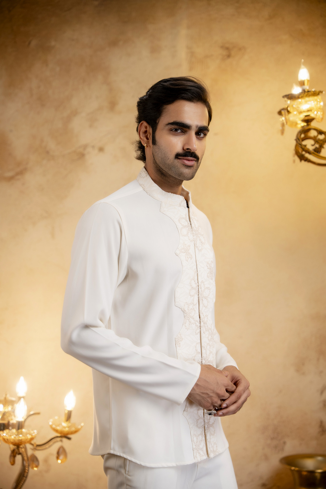 3D Embroidered Open Bandhgala Set In Off-White