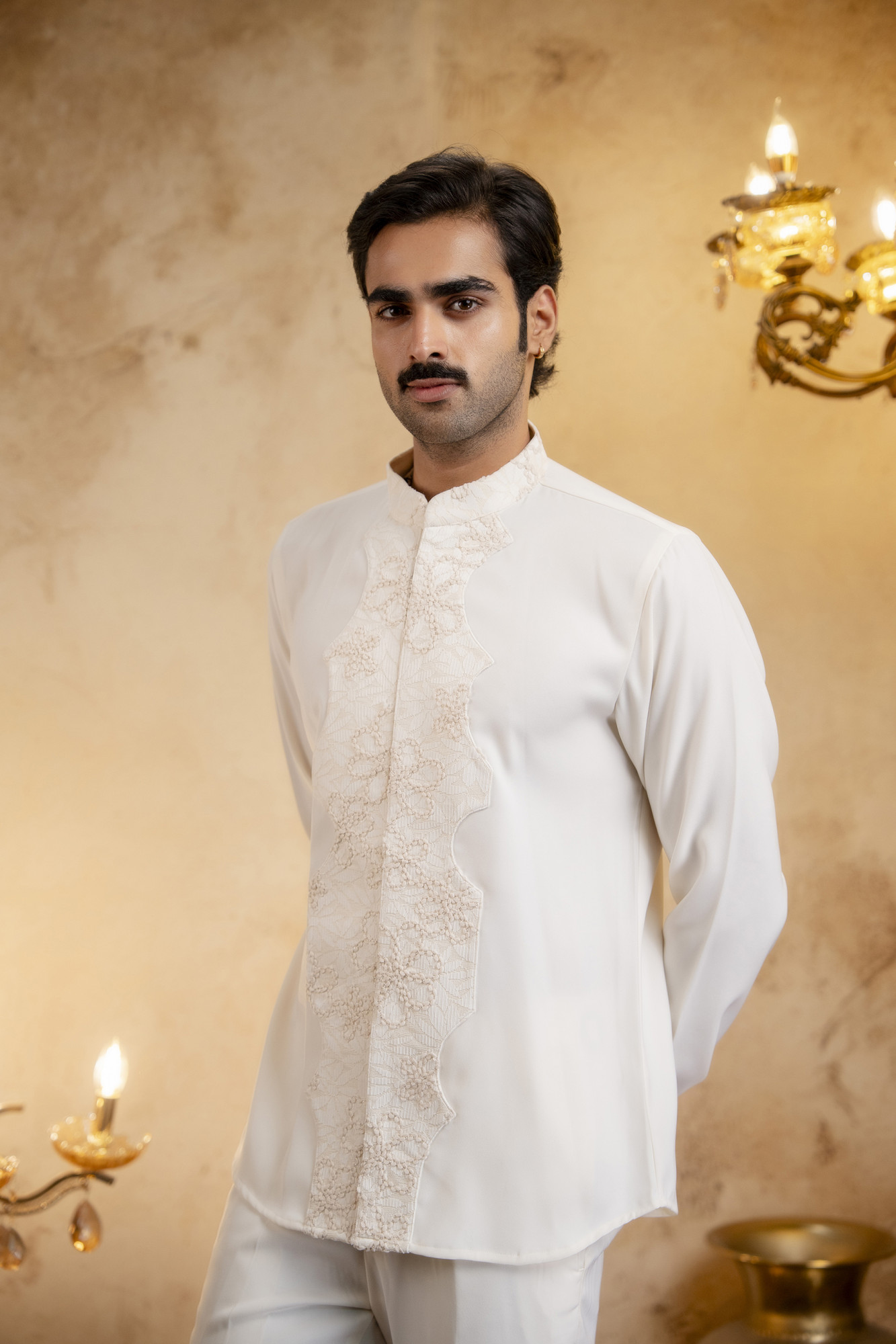 3D Embroidered Open Bandhgala Set In Off-White