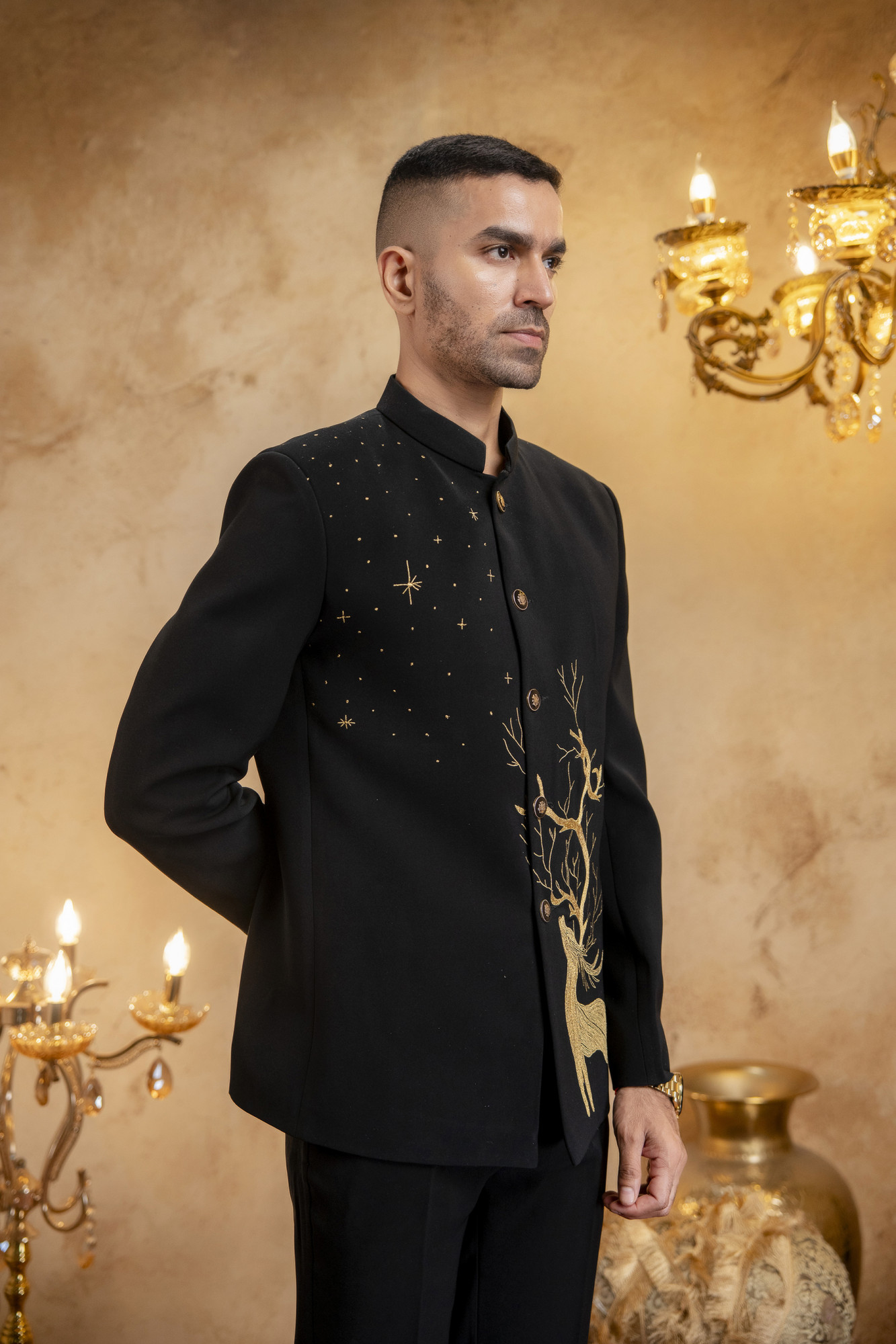 Wire Embroidered Jodhpuri In Black