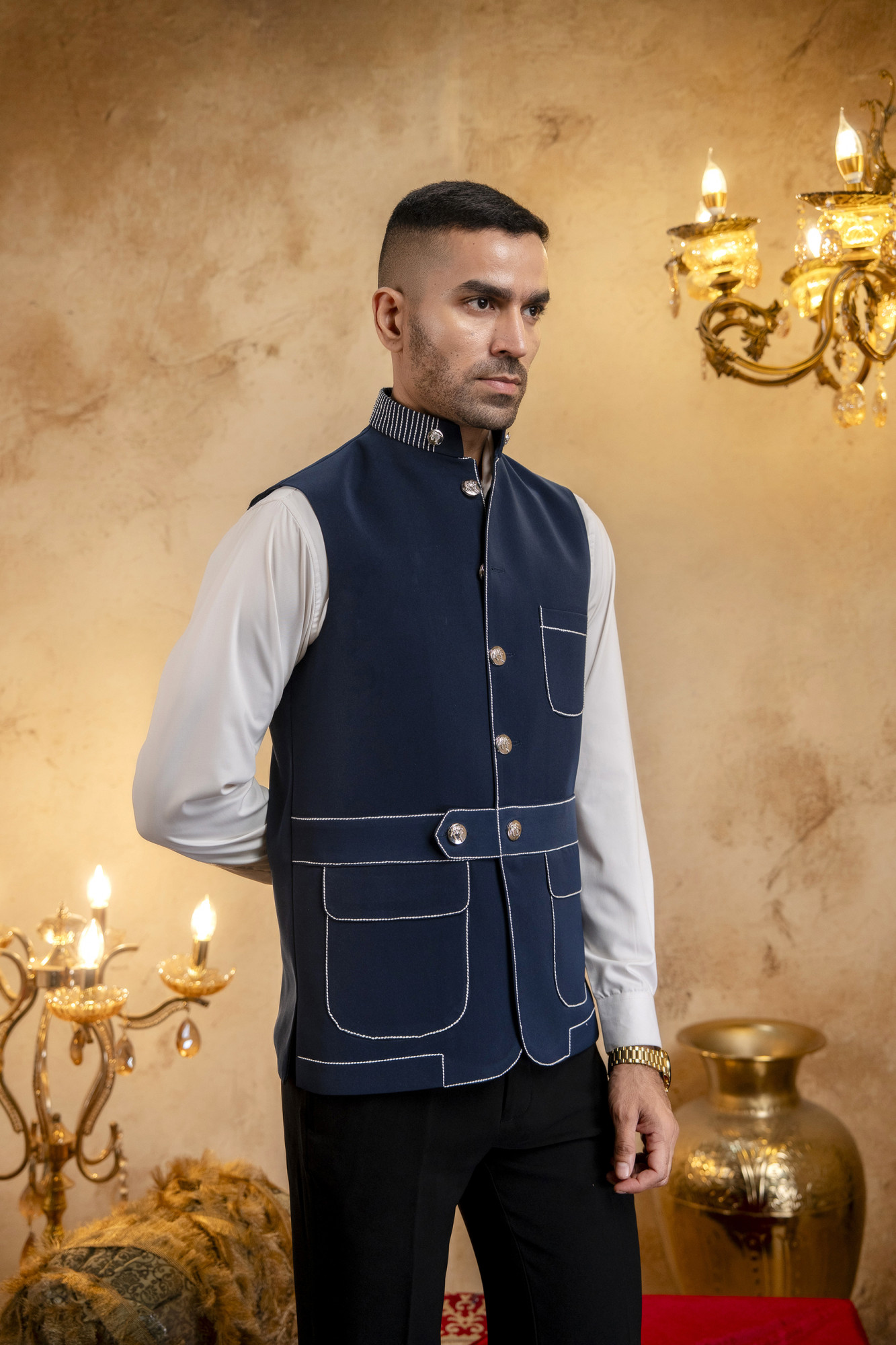 Threaded Patch Pocket Jacket In Blue