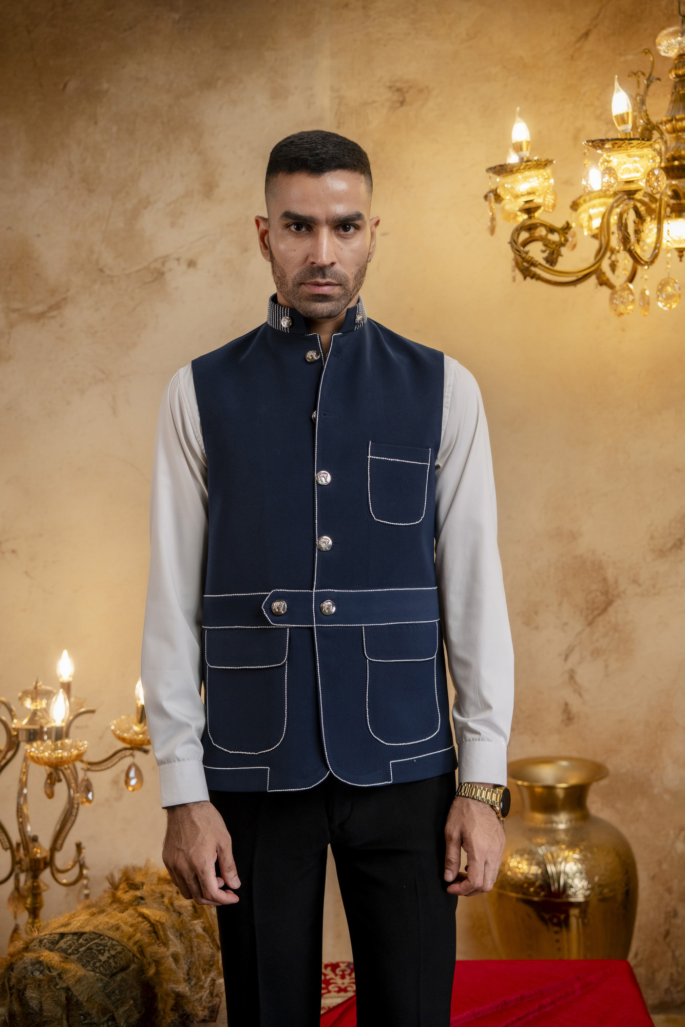 Threaded Patch Pocket Jacket In Blue