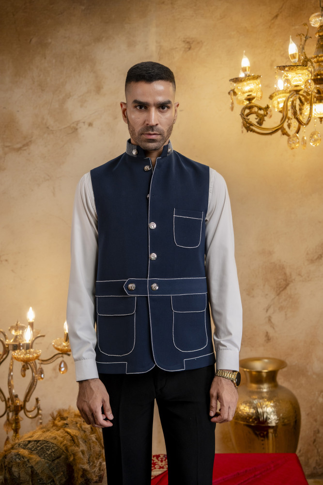 Image of Threaded Patch Pocket Jacket In Blue