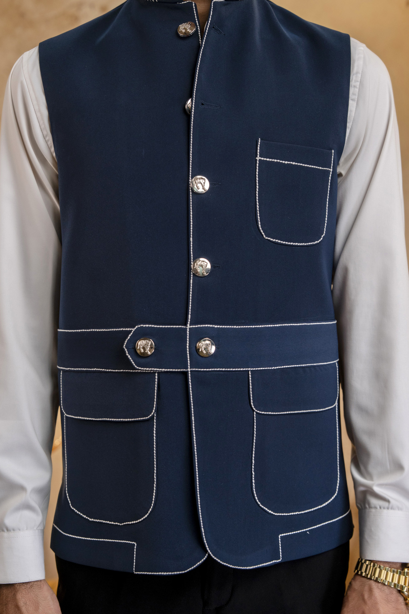 Threaded Patch Pocket Jacket In Blue