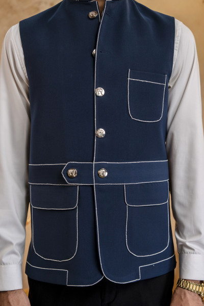 Threaded Patch Pocket Jacket In Blue
