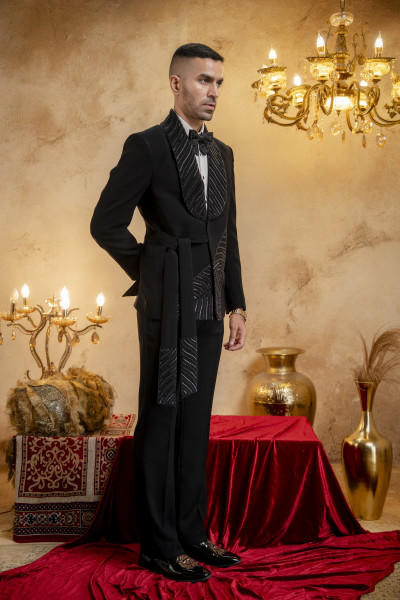Stone Embroidered Belted Blazer In Zed Black