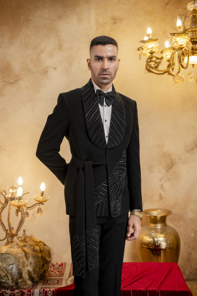 Stone Embroidered Belted Blazer In Zed Black