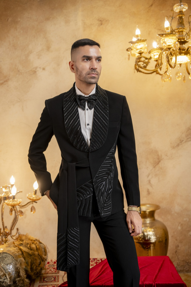 Image of Stone Embroidered Belted Blazer In Zed Black