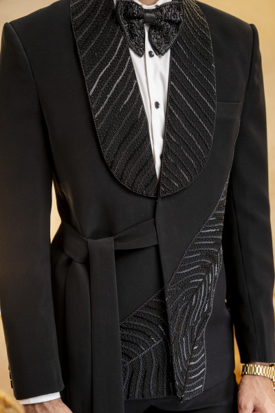 Stone Embroidered Belted Blazer In Zed Black