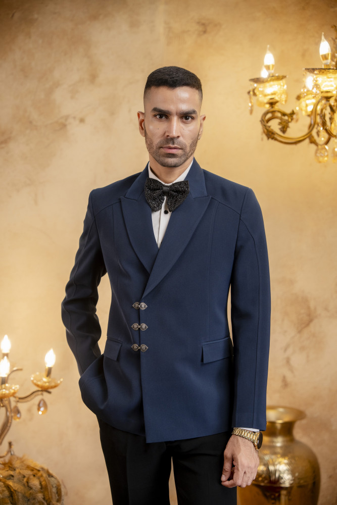 Image of Buckled Double Breasted Blazer In Blue