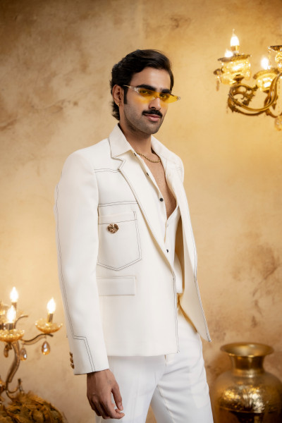 Threaded Open Blazer In Off-White