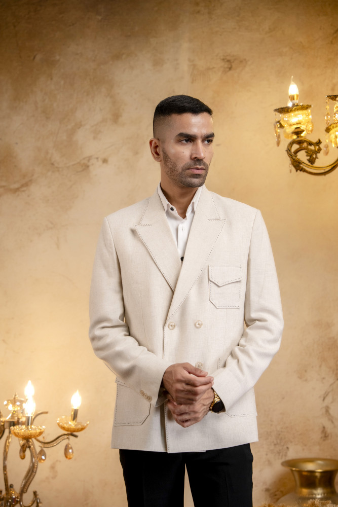 Image of Double Breasted Patch Pocket Blazer In Linen