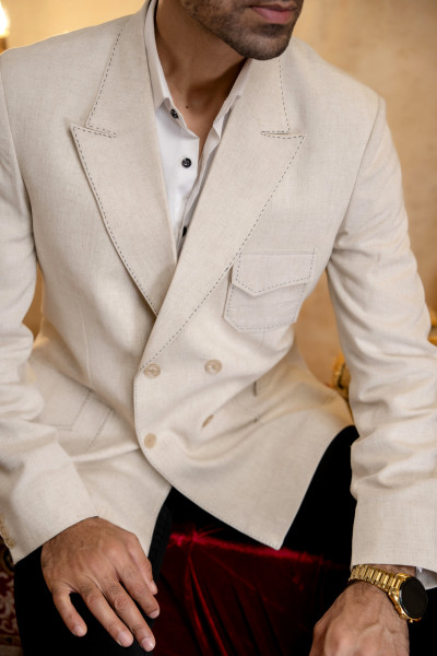 Double Breasted Patch Pocket Blazer In Linen