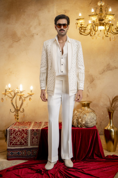 Pearl Embroidered Open Blazer In Off White